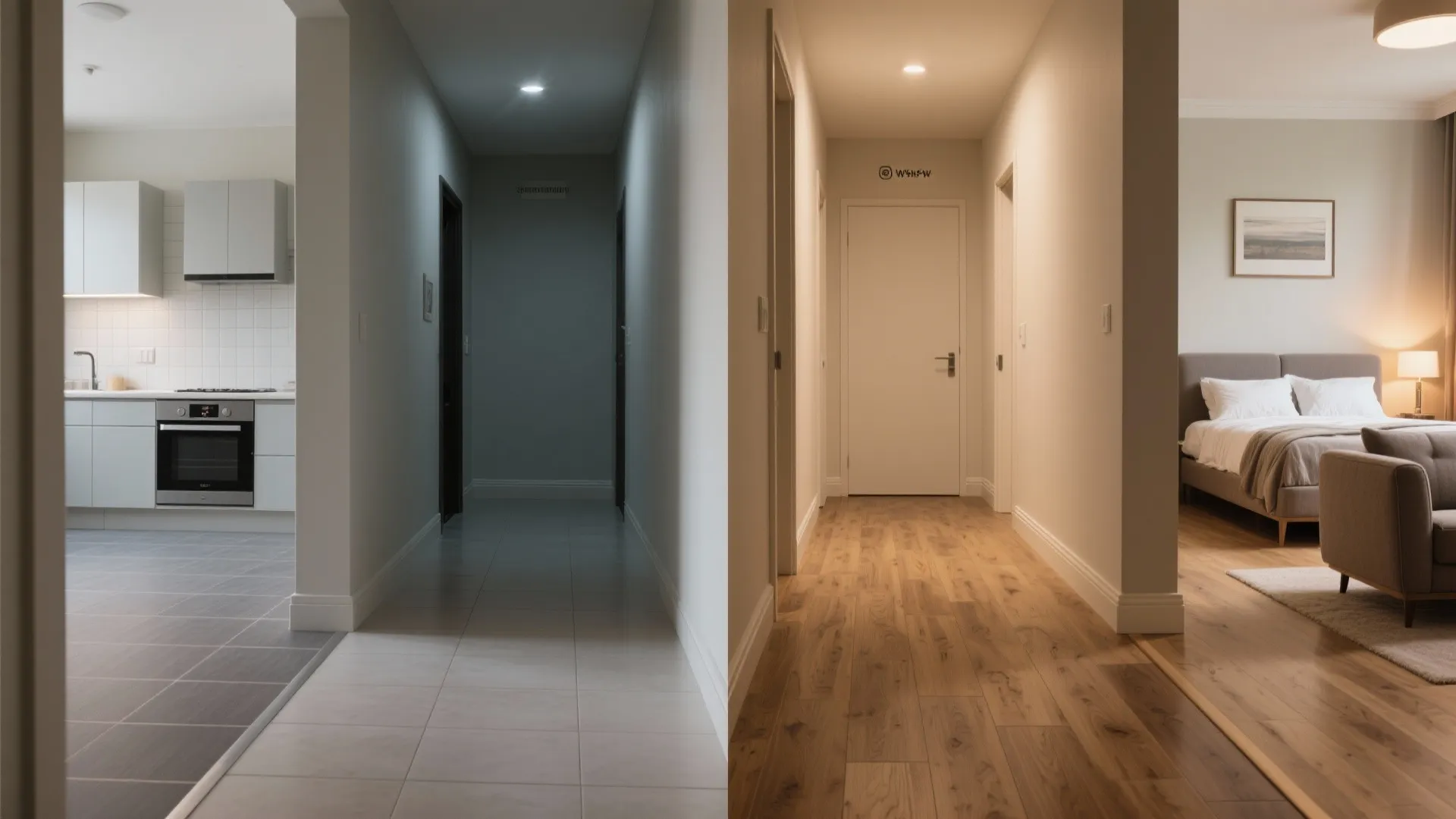 Before-after view comparing single tile flooring to a mix of tiles and SPC with transitions.