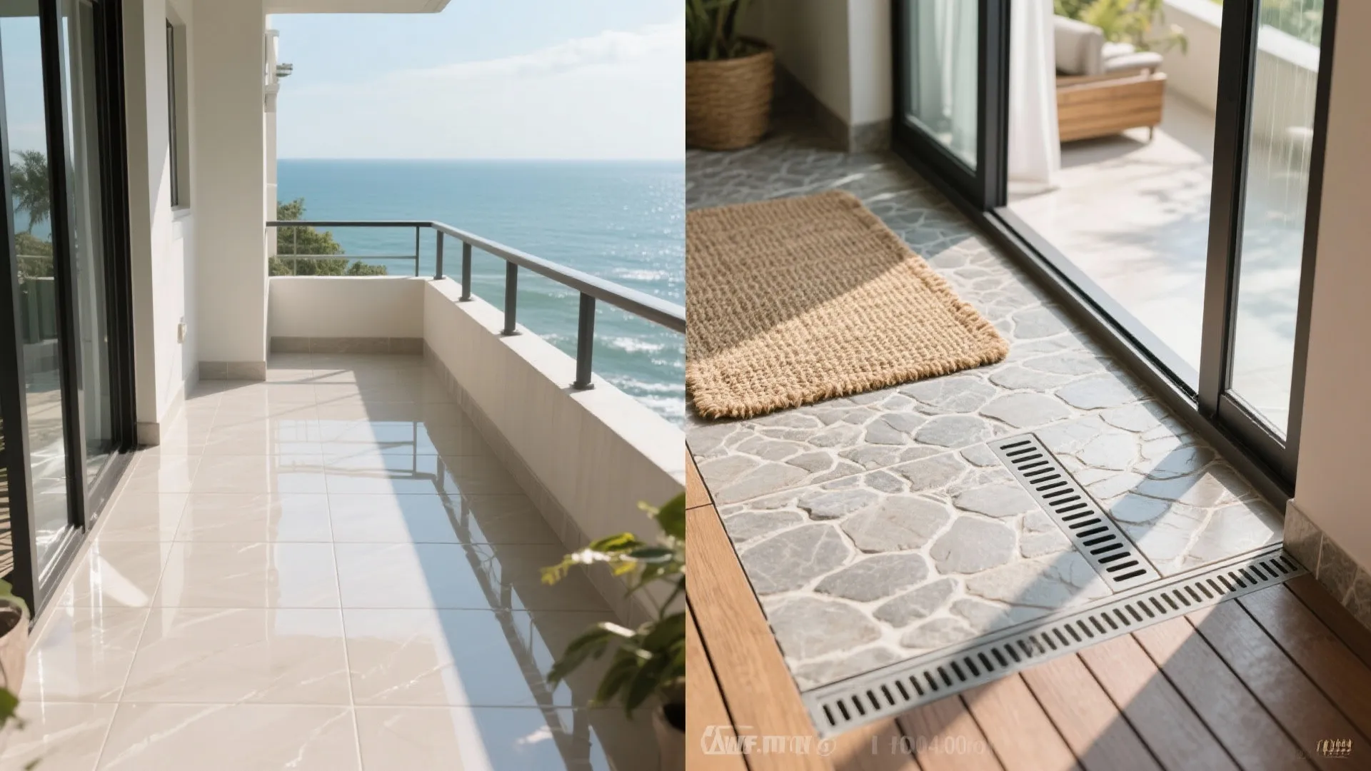 Comparison of glossy ceramic versus textured outdoor tiles with jute rug for a safer balcony.