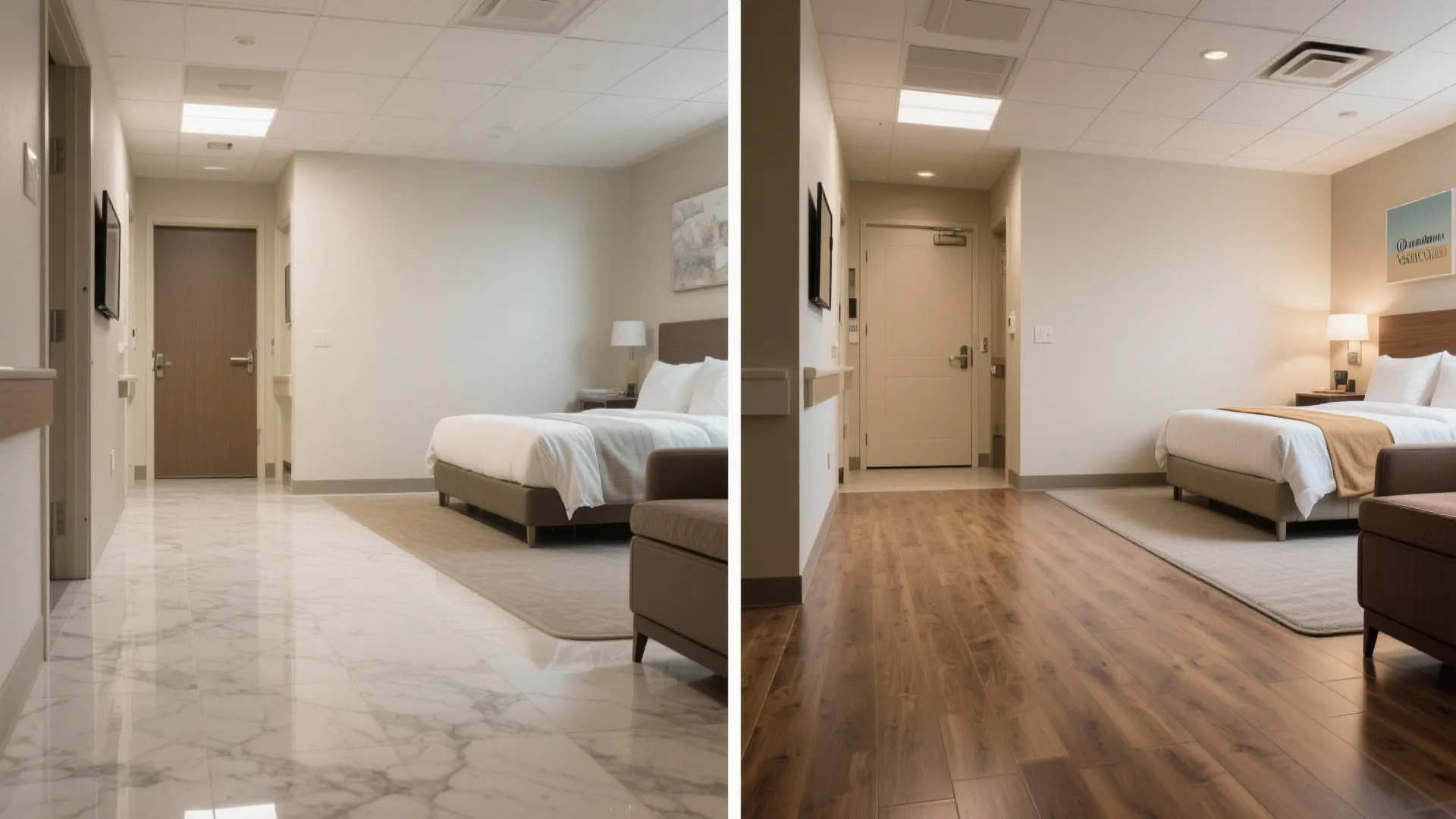 Comparison of bedroom interior showing marble floor on left and warm wood floor on right