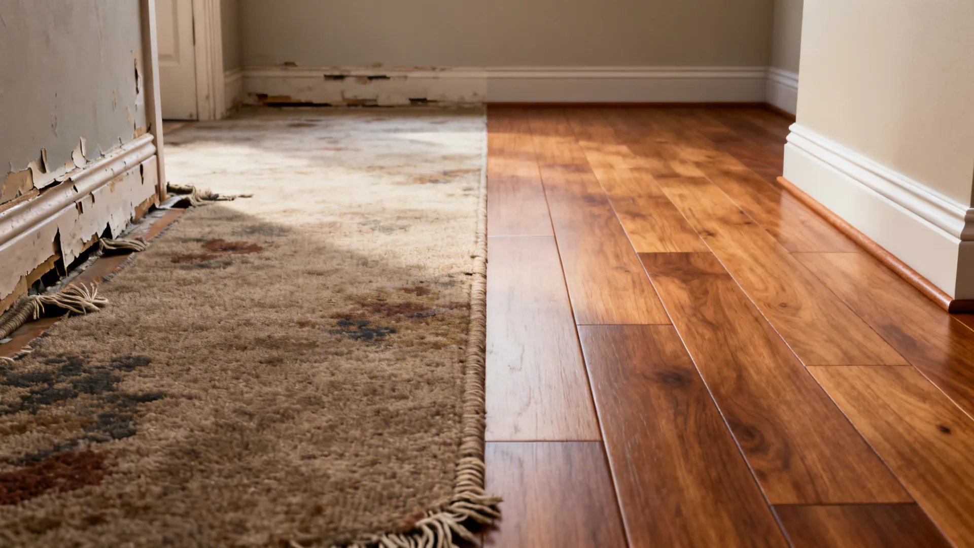 Split view before and after showing worn carpet replaced by warm engineered hardwood in a living room.