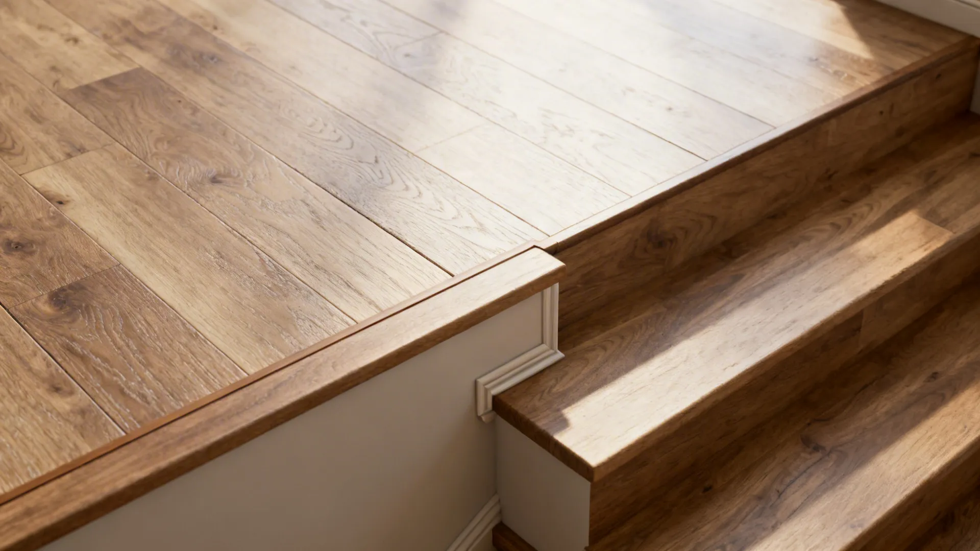 Close-up of continuous engineered wood flooring flowing across a mid-level with matching stair treads.