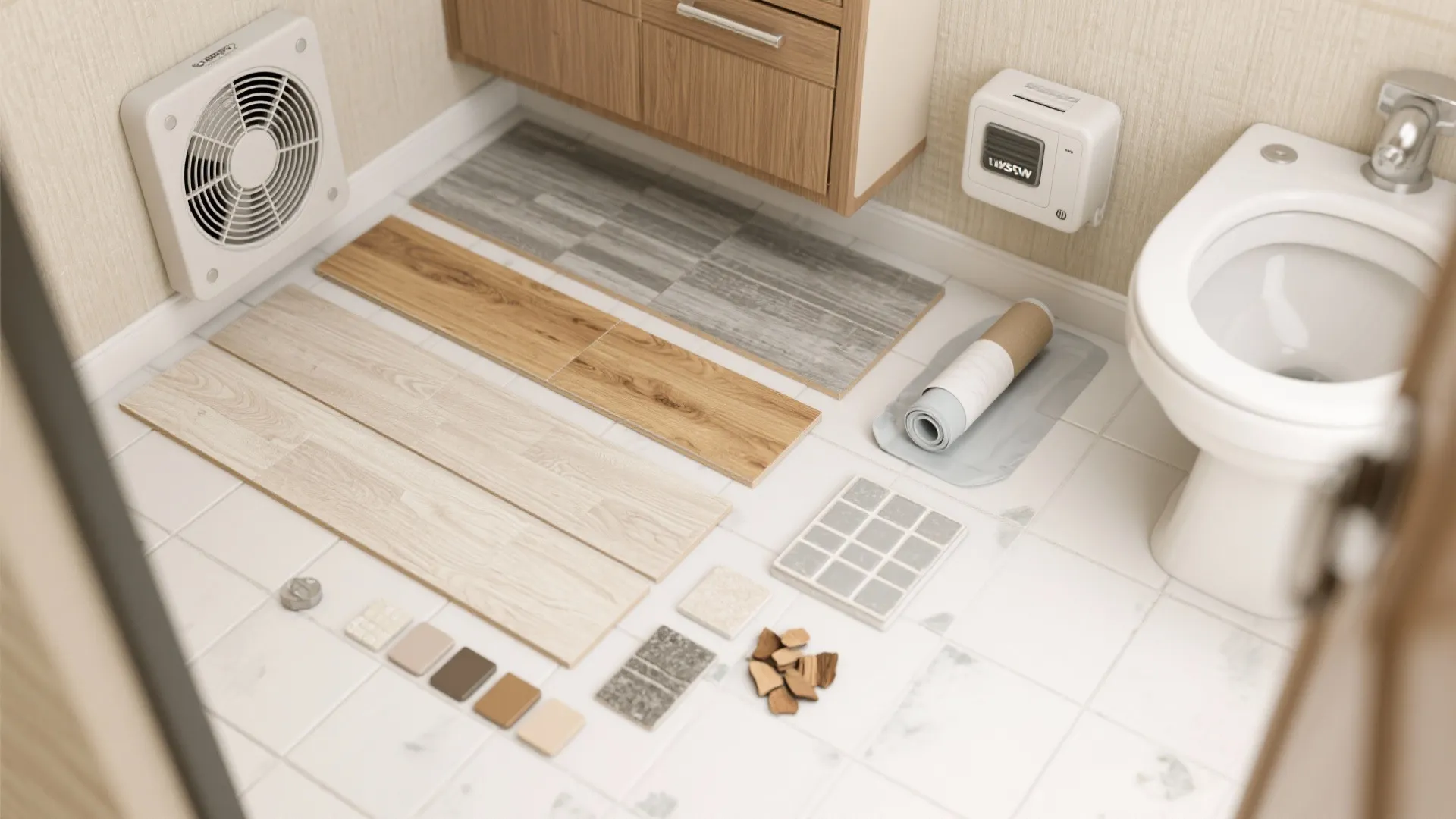 Various wood flooring samples and small tiles displayed on a white floor next to toilet