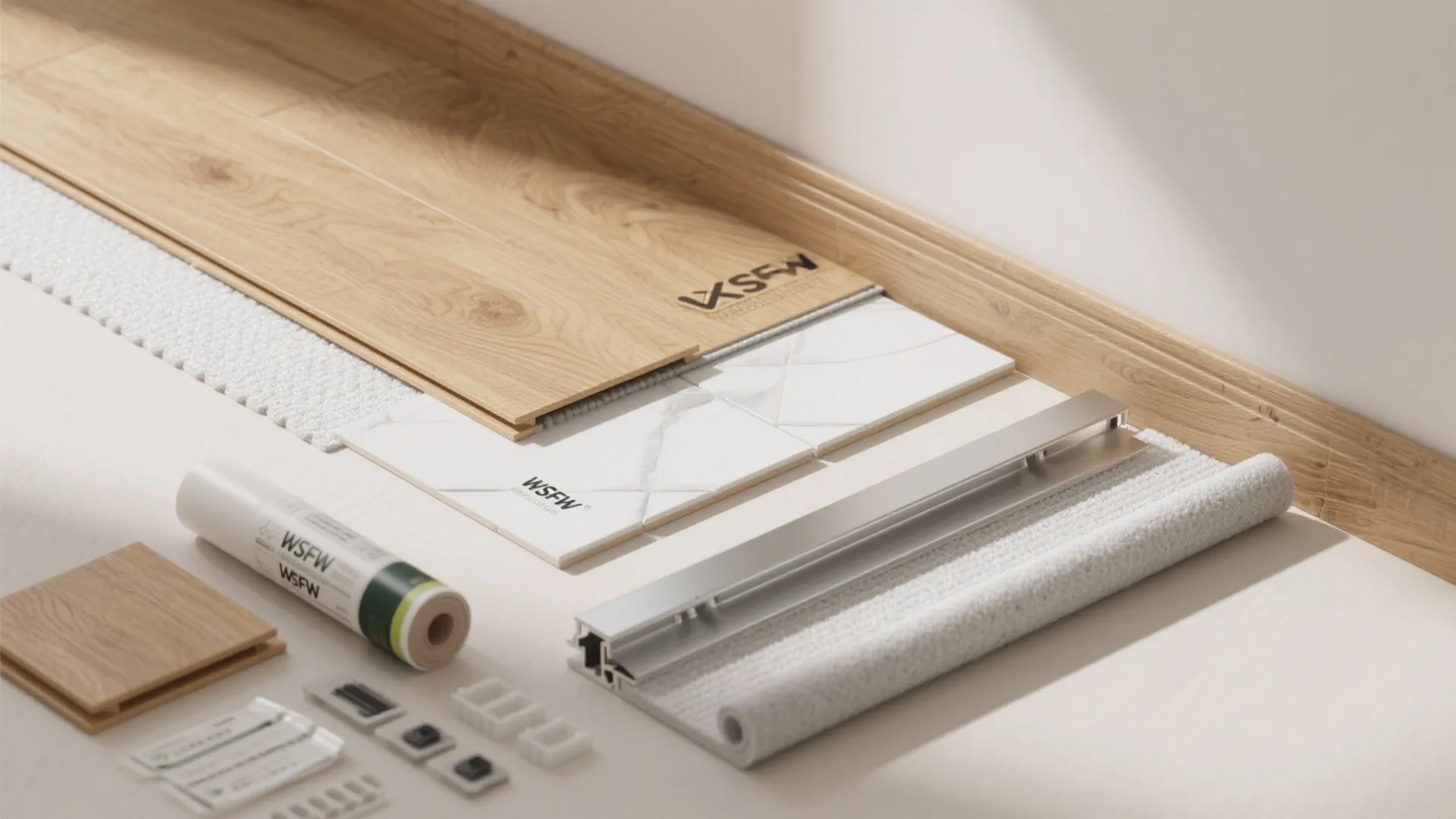 Flooring flat lay with SPC plank, tile, transition profile, skirting, and underlay.