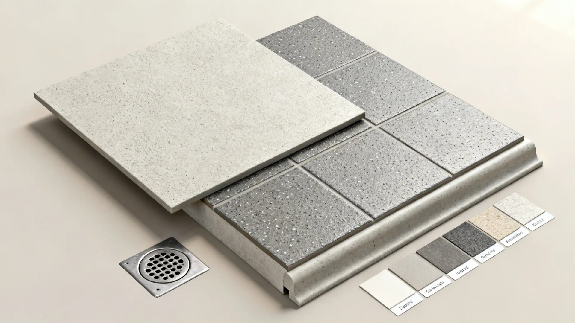Floor tile samples in grey and beige with a drain cover and small color swatches