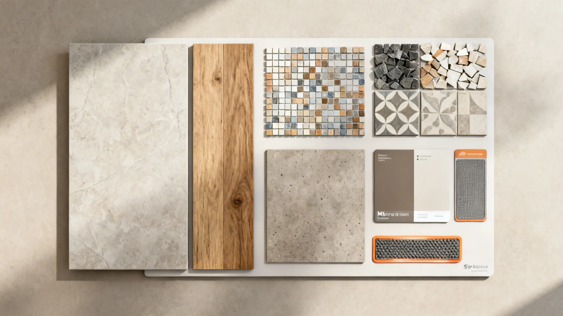 Top-down sample board showing porcelain, wood-look planks, mosaic chips, encaustic tiles, microcement and heated mat sample.
