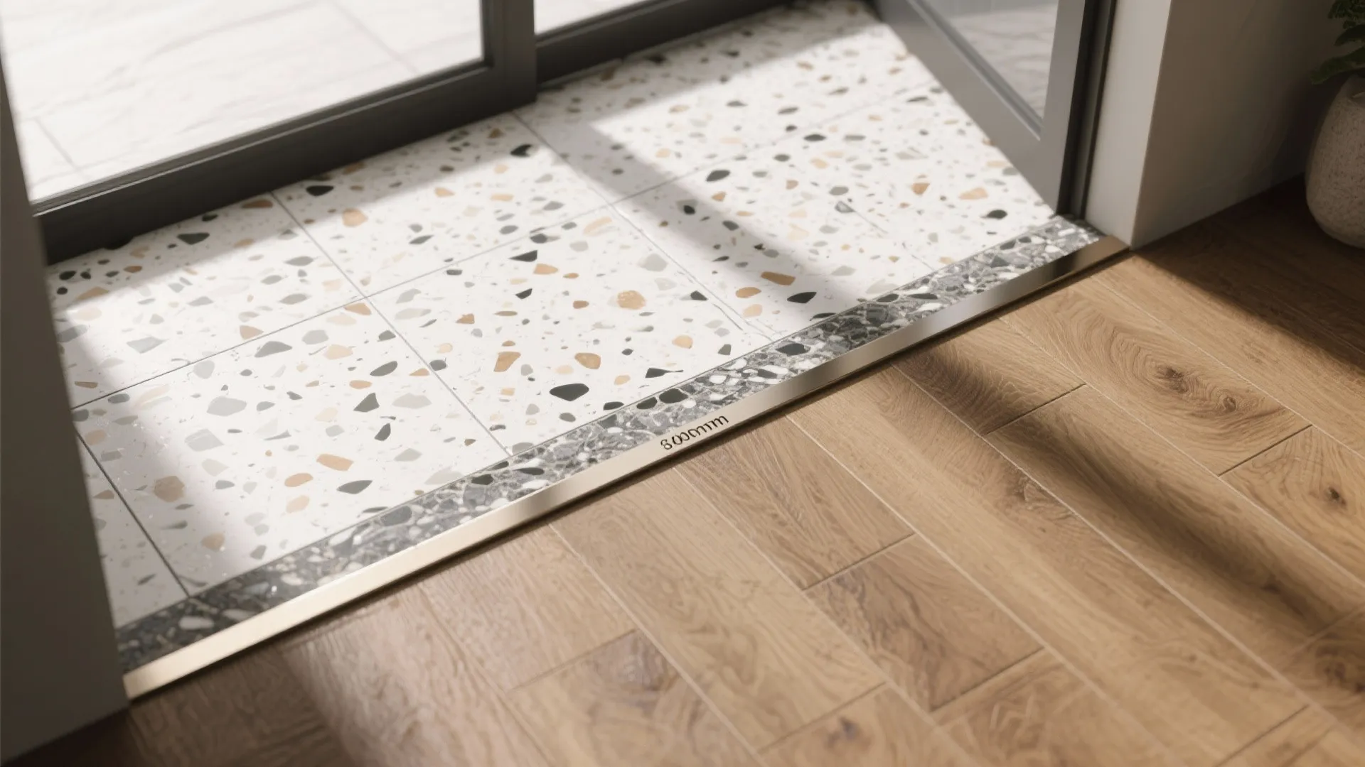 Patterned floor tiles meeting wood planks with a gold metal transition strip in bright home