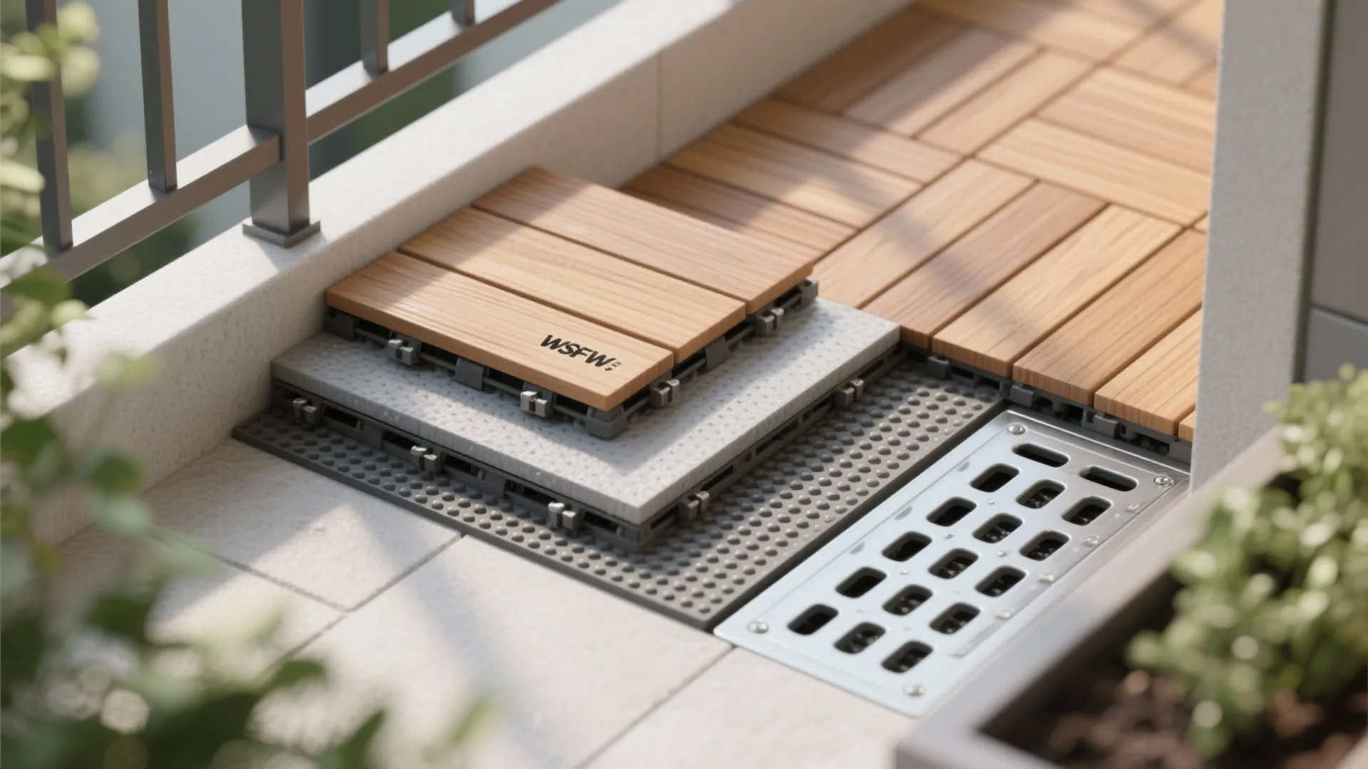 2) Layered flooring: deck tiles + drainage mat + waterproof membrane