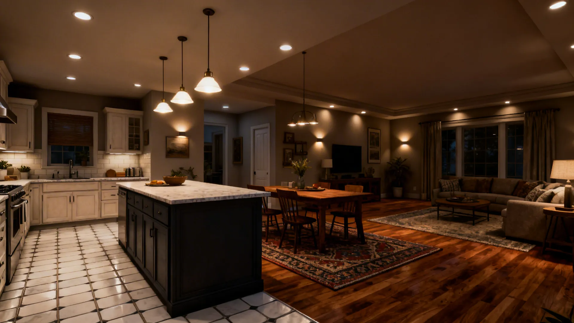 Different flooring and layered lighting separating living area and kitchen with rug and pendant lights.