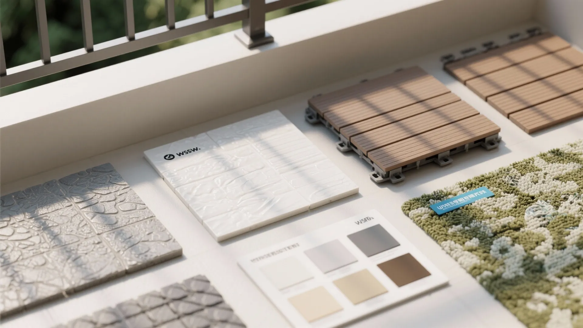 Various flooring material samples including wood tiles stone and green carpet displayed on outdoor floor