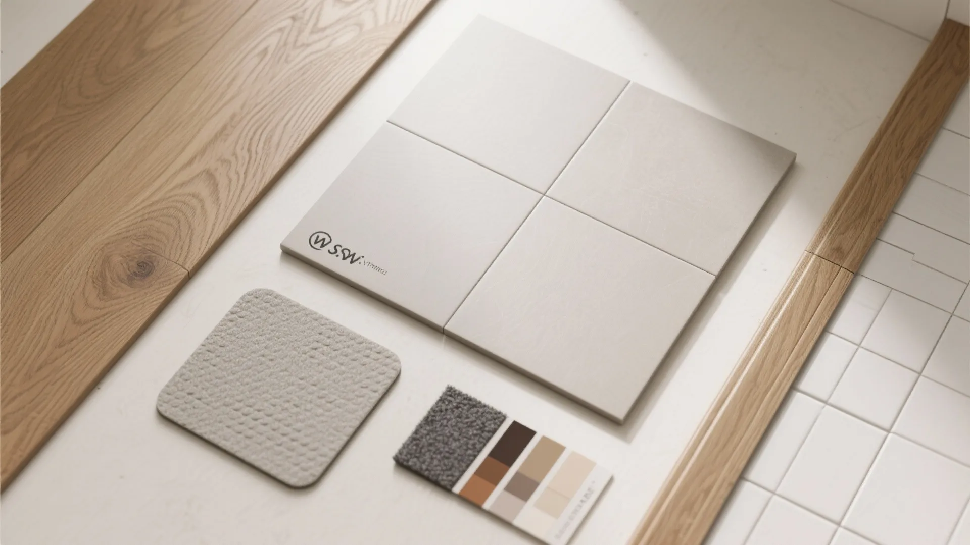 Interior design material samples including wood flooring, stone tiles, grey carpet, and a color palette