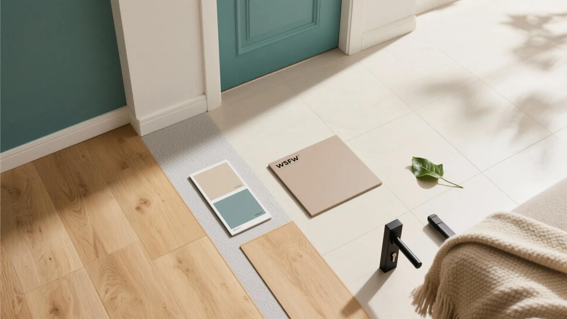 Continuous light flooring with soft-neutral walls and a standout door color