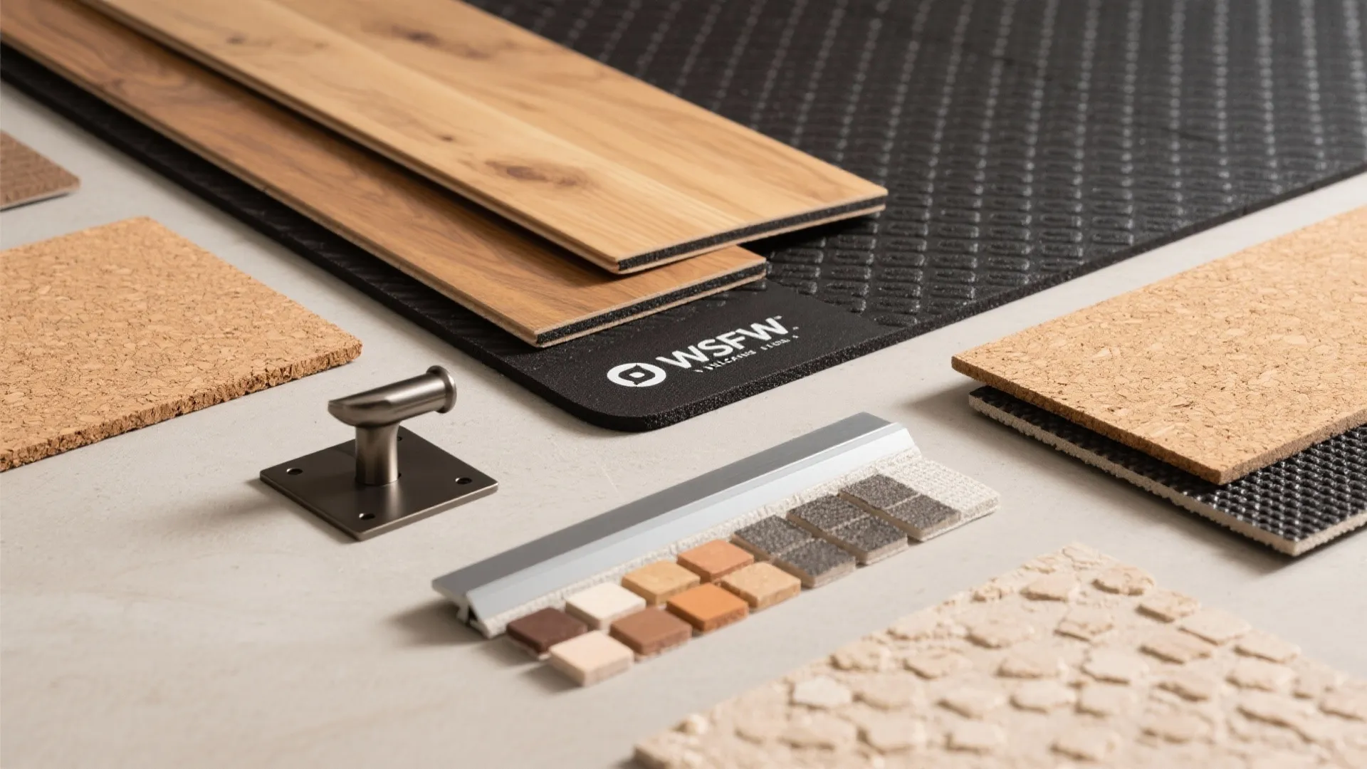 Collection of interior design material samples including wood floor boards cork tiles and metal handles