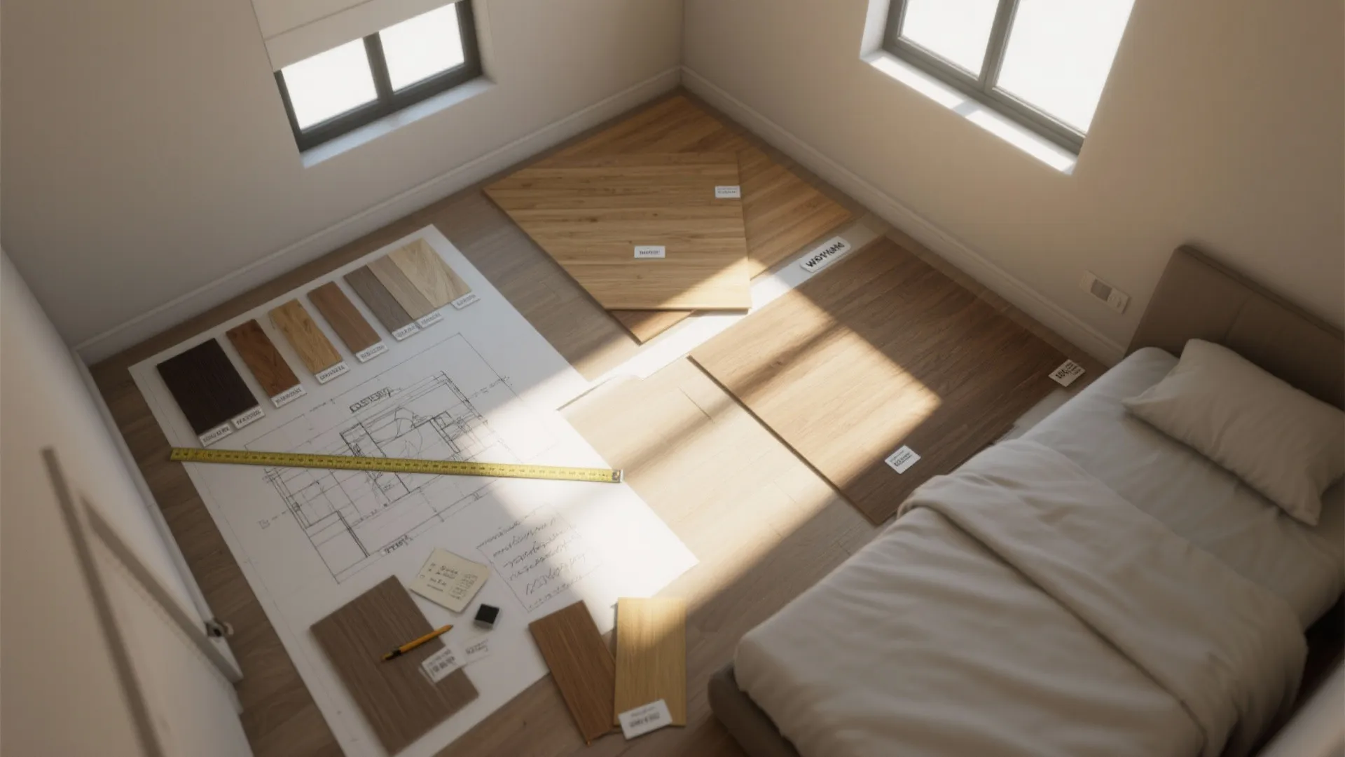 Top-down view of flooring samples and a room planner sketch beside a bedroom window testing light at different times.