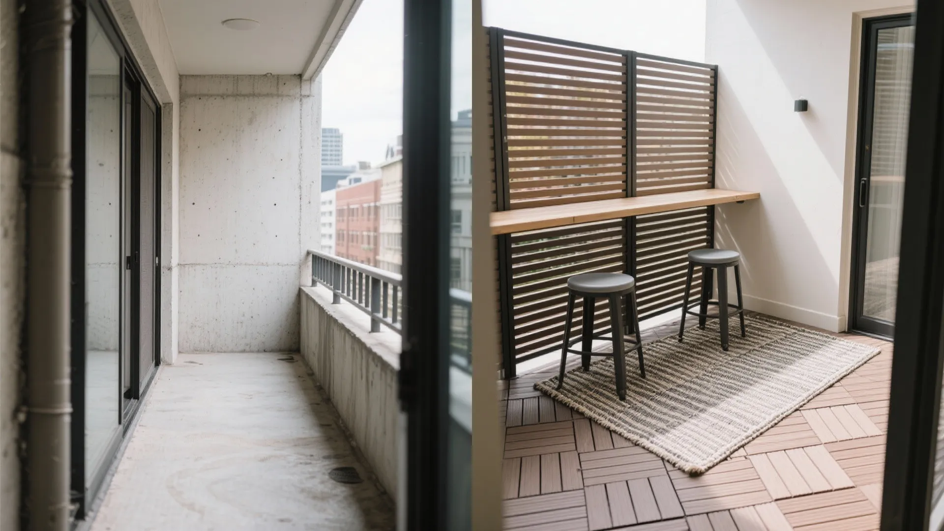 5) Flooring and privacy: deck tiles, outdoor rugs, and screens