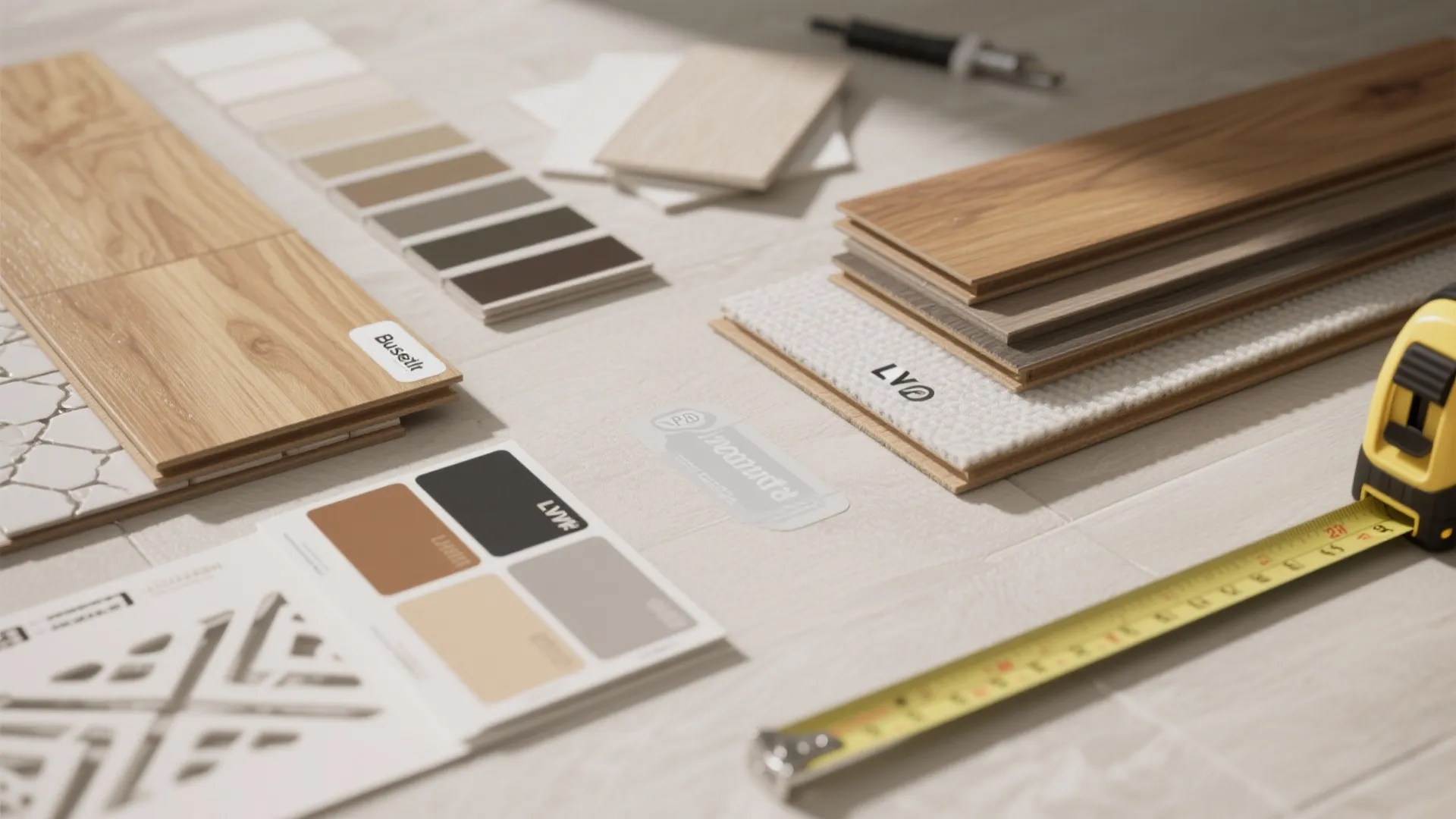 Collection of wood flooring samples with color swatches and yellow measuring tape for professional room planning
