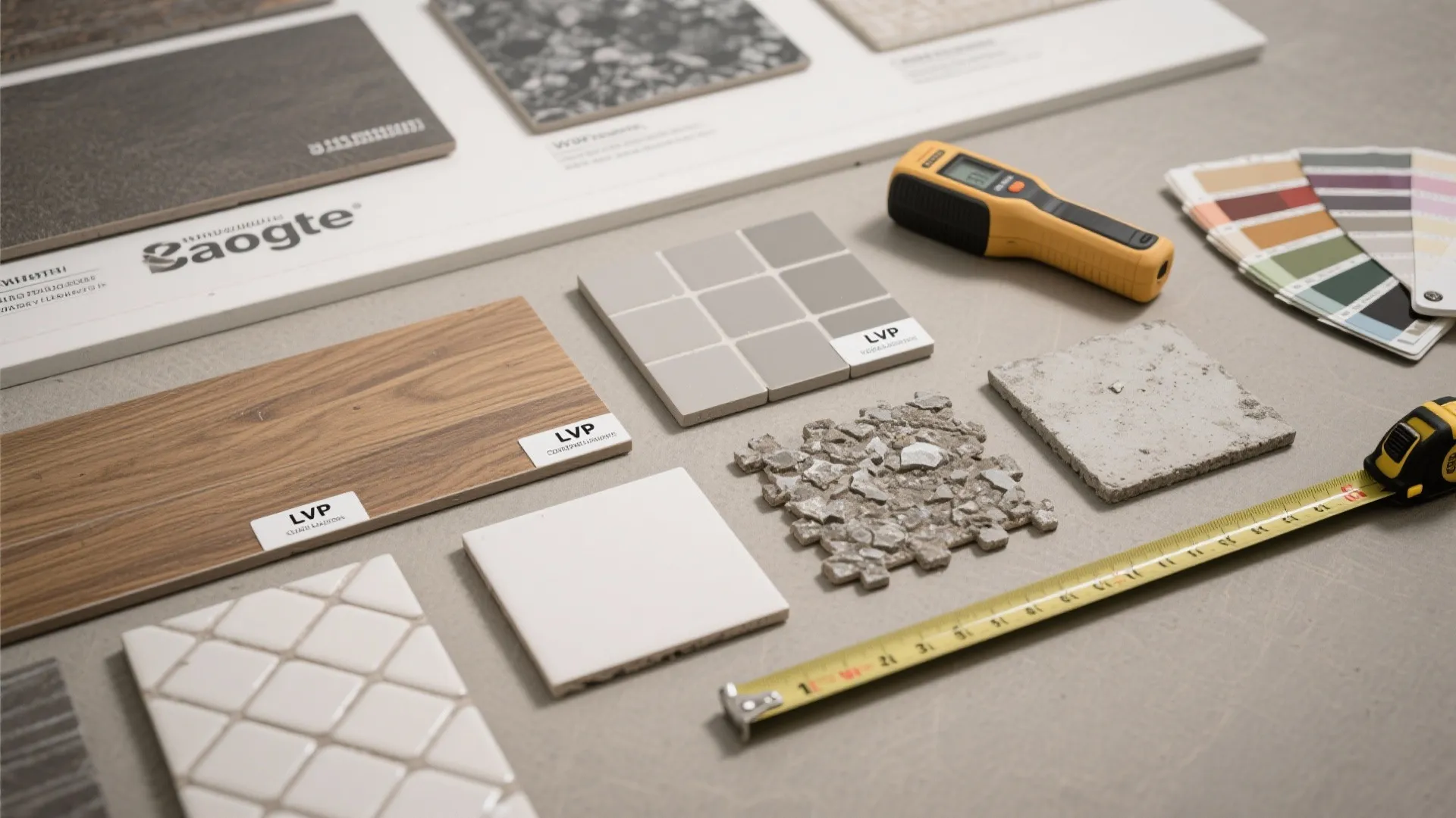Collection of floor samples including wood planks tiles measuring tape and various color swatch cards