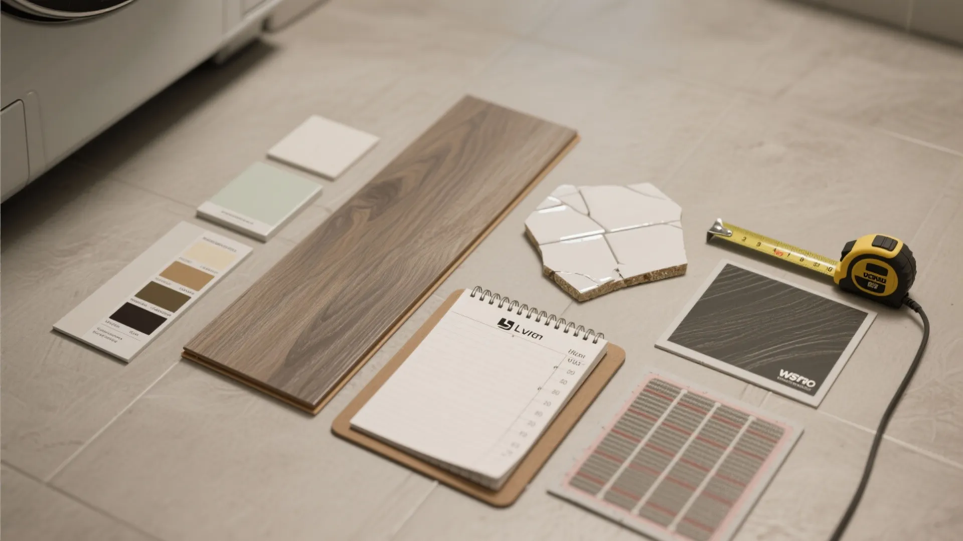Flatlay of wood flooring plank, color swatches, white tile piece, notebook, and yellow tape measure