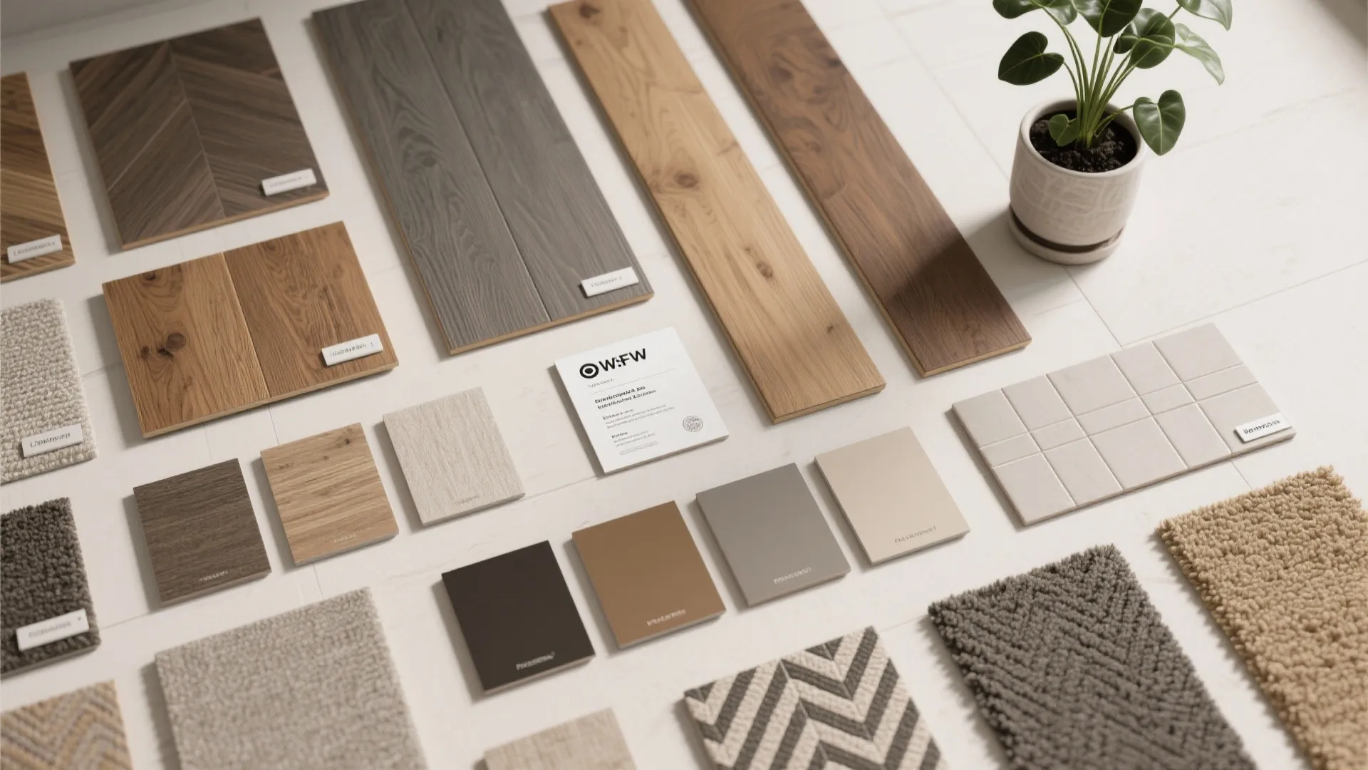 Flatlay of multiple flooring samples including engineered wood, LVP, carpet tiles and tile/herringbone swatches.