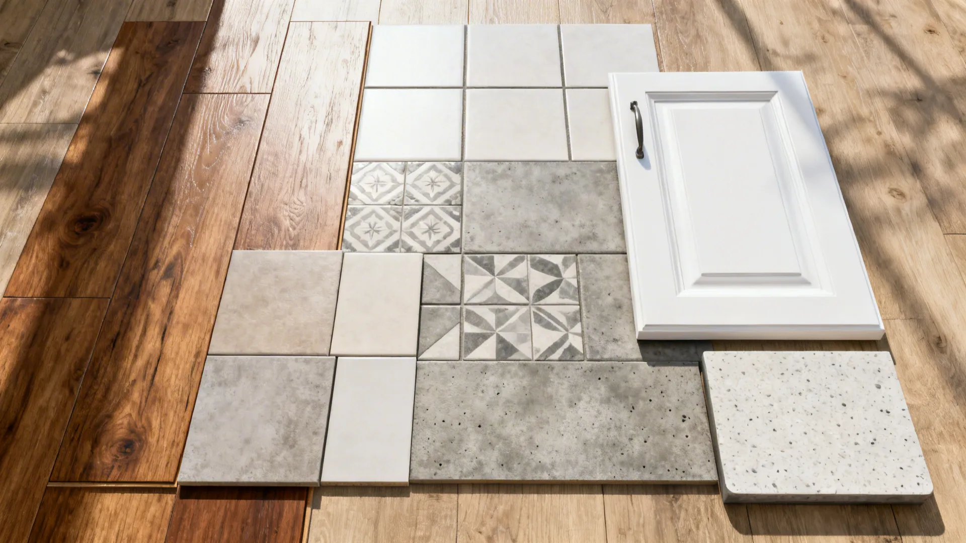 Full-size flooring samples with a white cabinet door and countertop swatch in natural light