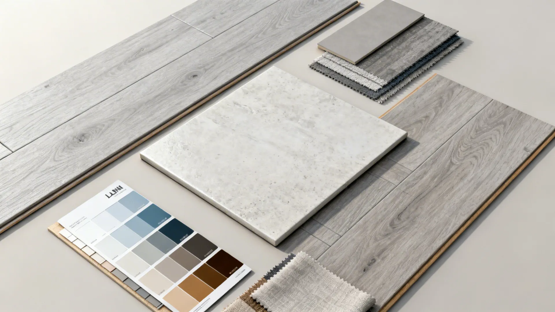 Flatlay of light grey flooring samples, tile and paint swatches showing undertones