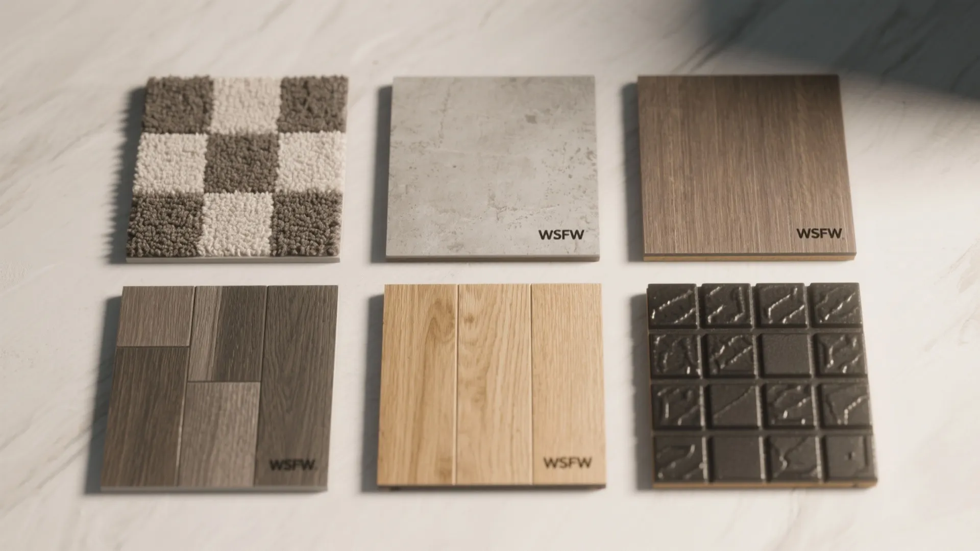 Flatlay of flooring samples including vinyl, carpet tile, polished concrete, engineered wood and rubber.