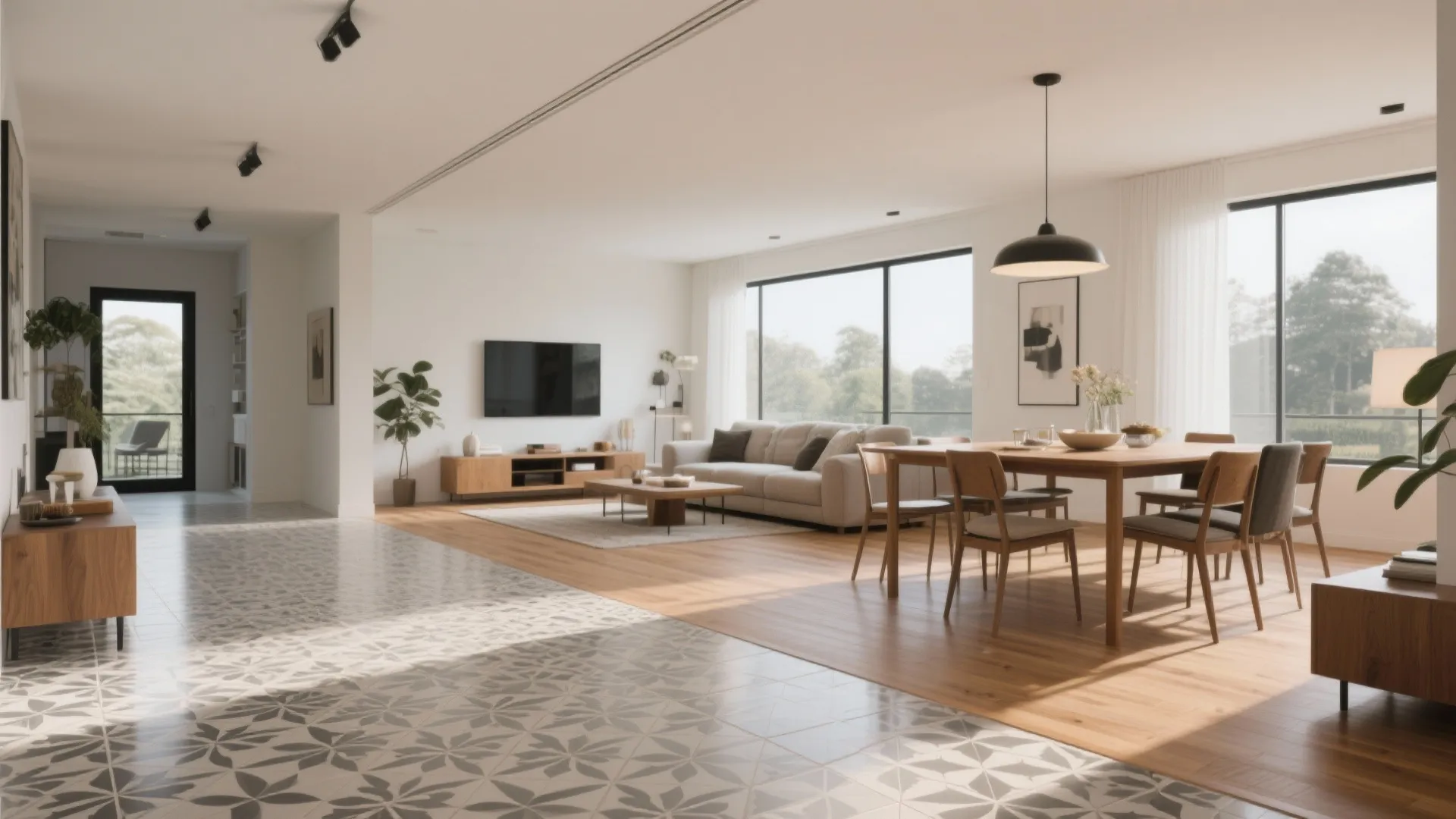 Open living space showing transition from patterned floor tiles to natural wood flooring near windows