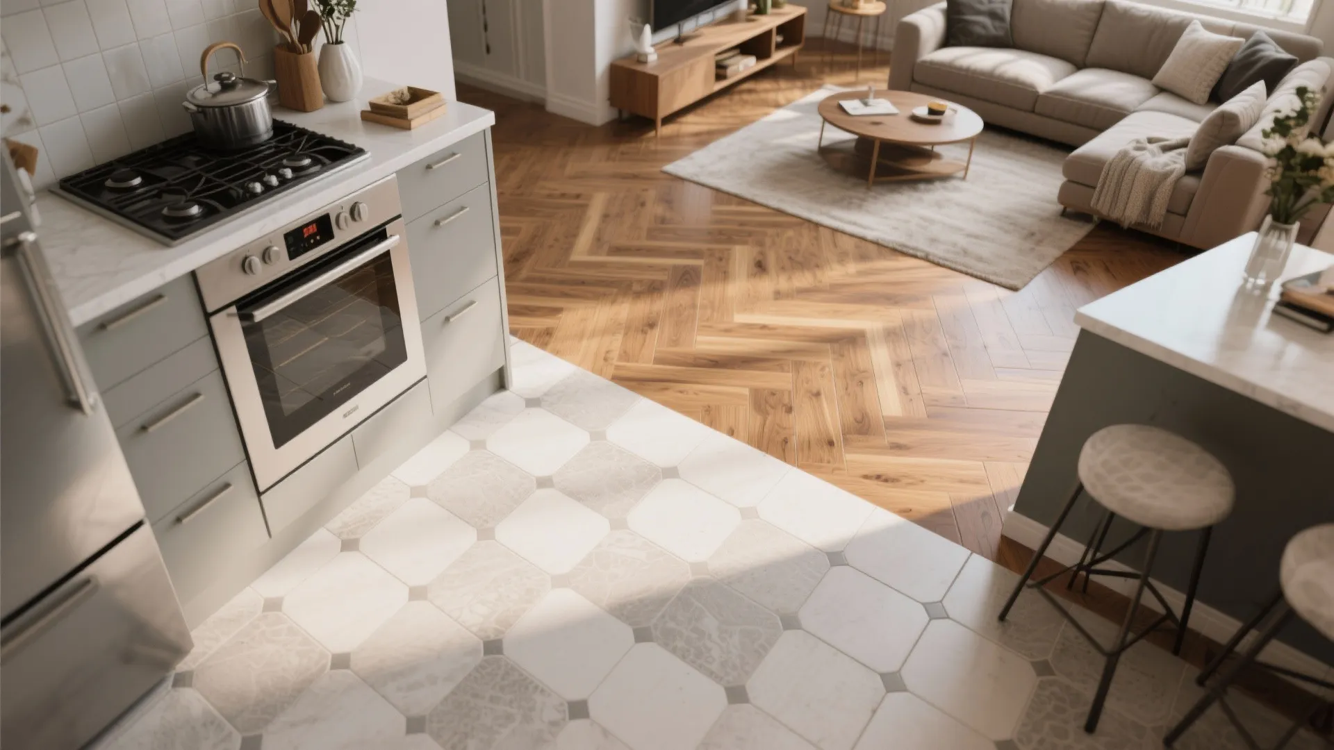 Modern kitchen and living room showing transition between white tile floor and wood patterned flooring