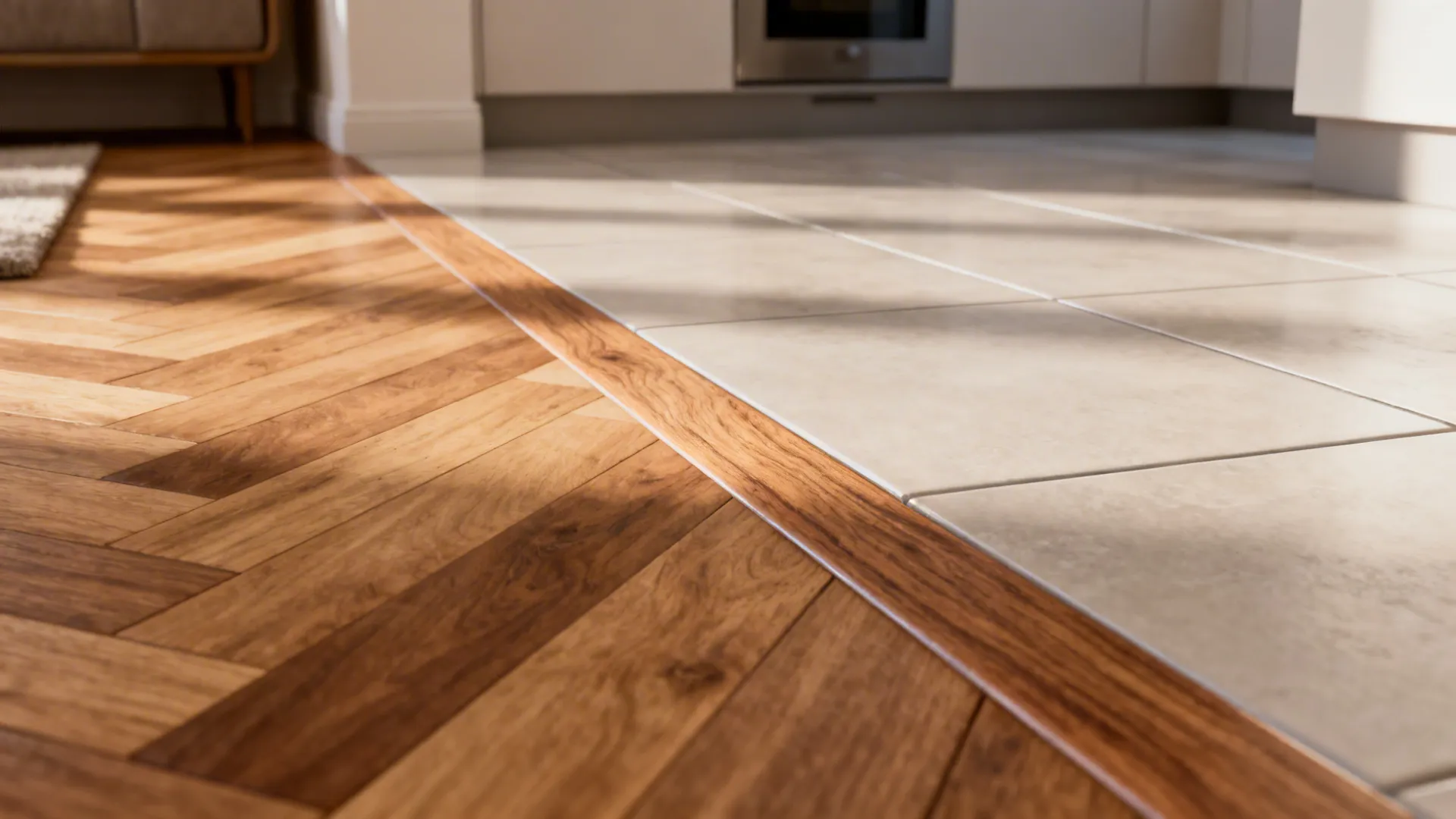 Close-up of herringbone wood meeting large-format tile with a clean transition strip between zones.