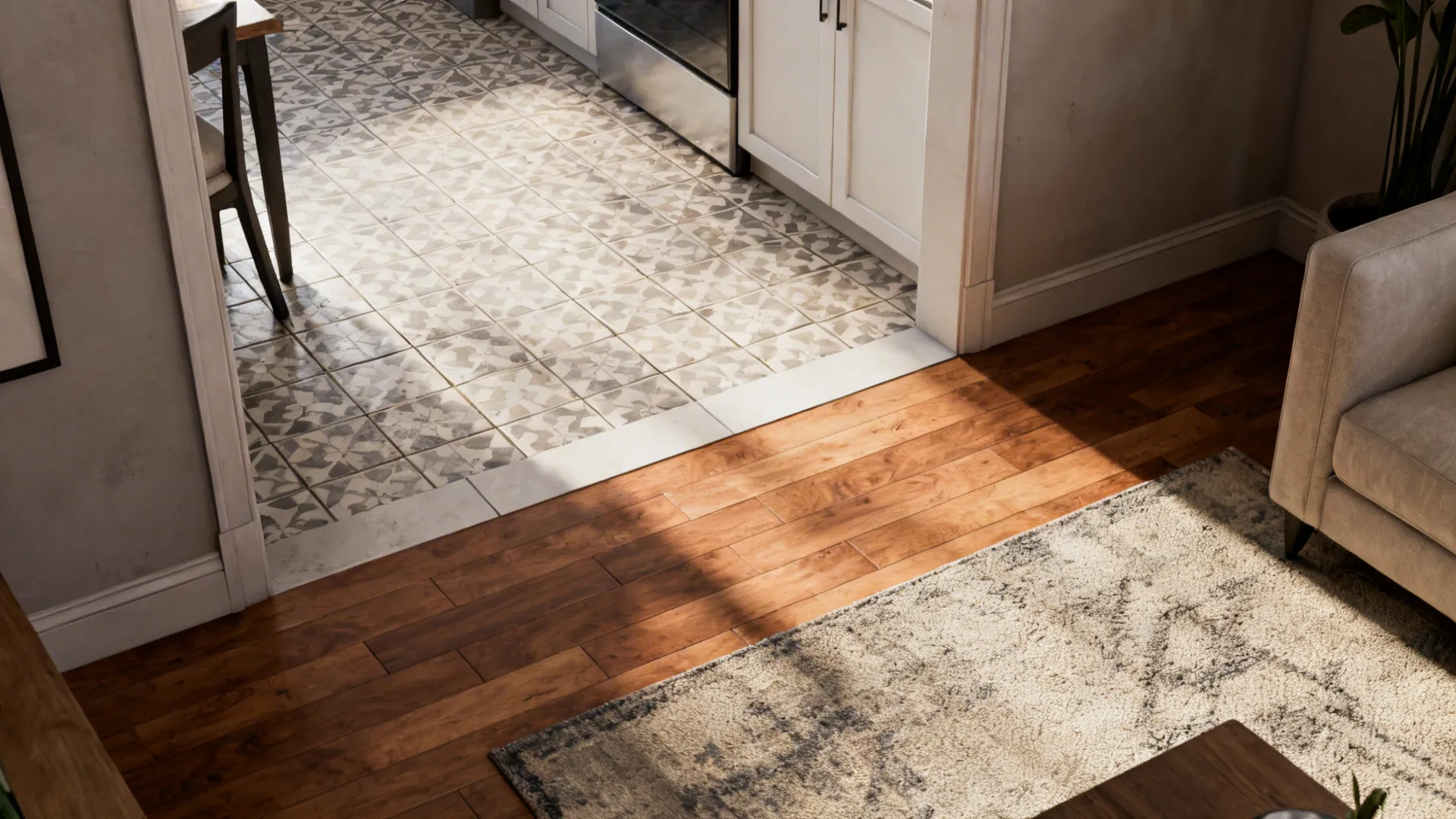 Contrasting walnut laminate living floor and patterned kitchen tiles with a rug defining the seating area.