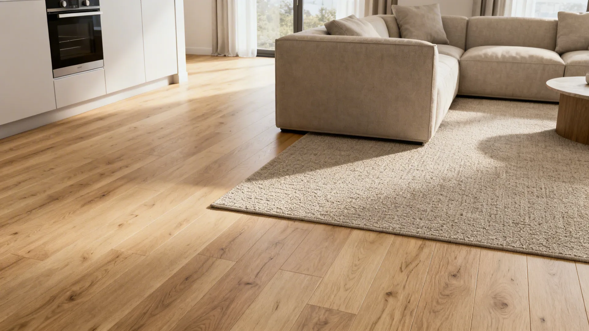 Continuous light oak flooring with a washable rug transition between kitchen and living zones.