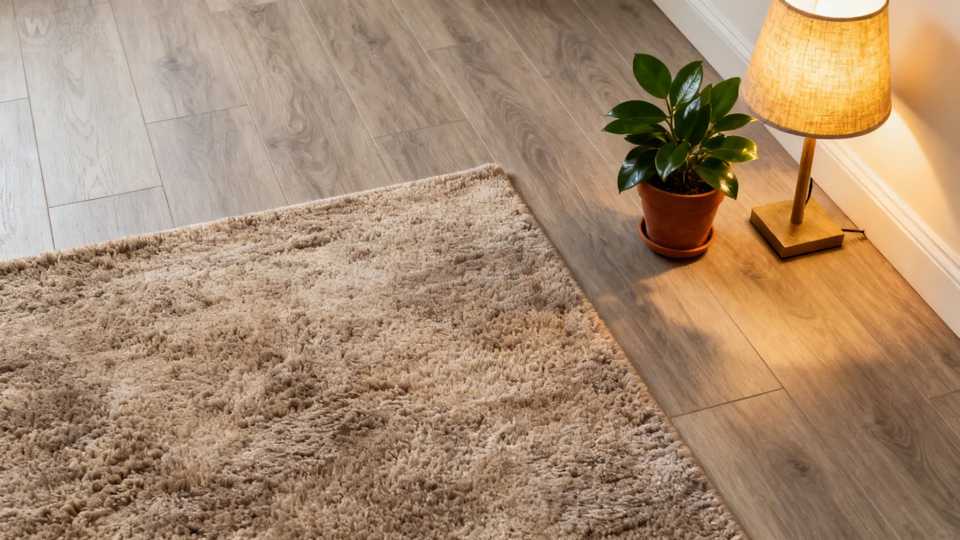 Engineered wood or luxury vinyl plank flooring with rug and soft lighting in a basement studio.