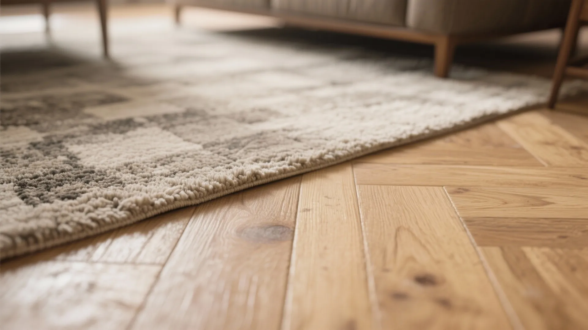 Close up of patterned floor rug on light wooden floor with blurred sofa in the background