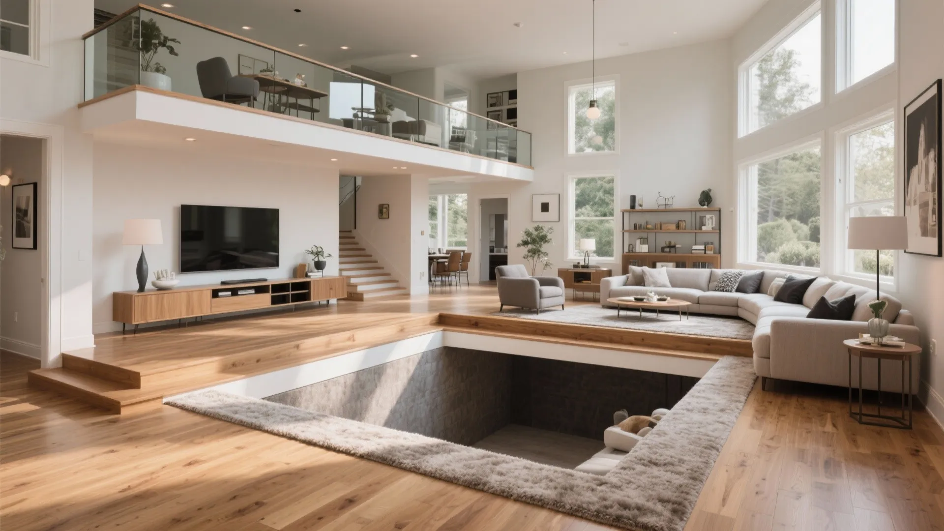 Spacious living area with wood flooring different floor levels sofa television and large glass windows