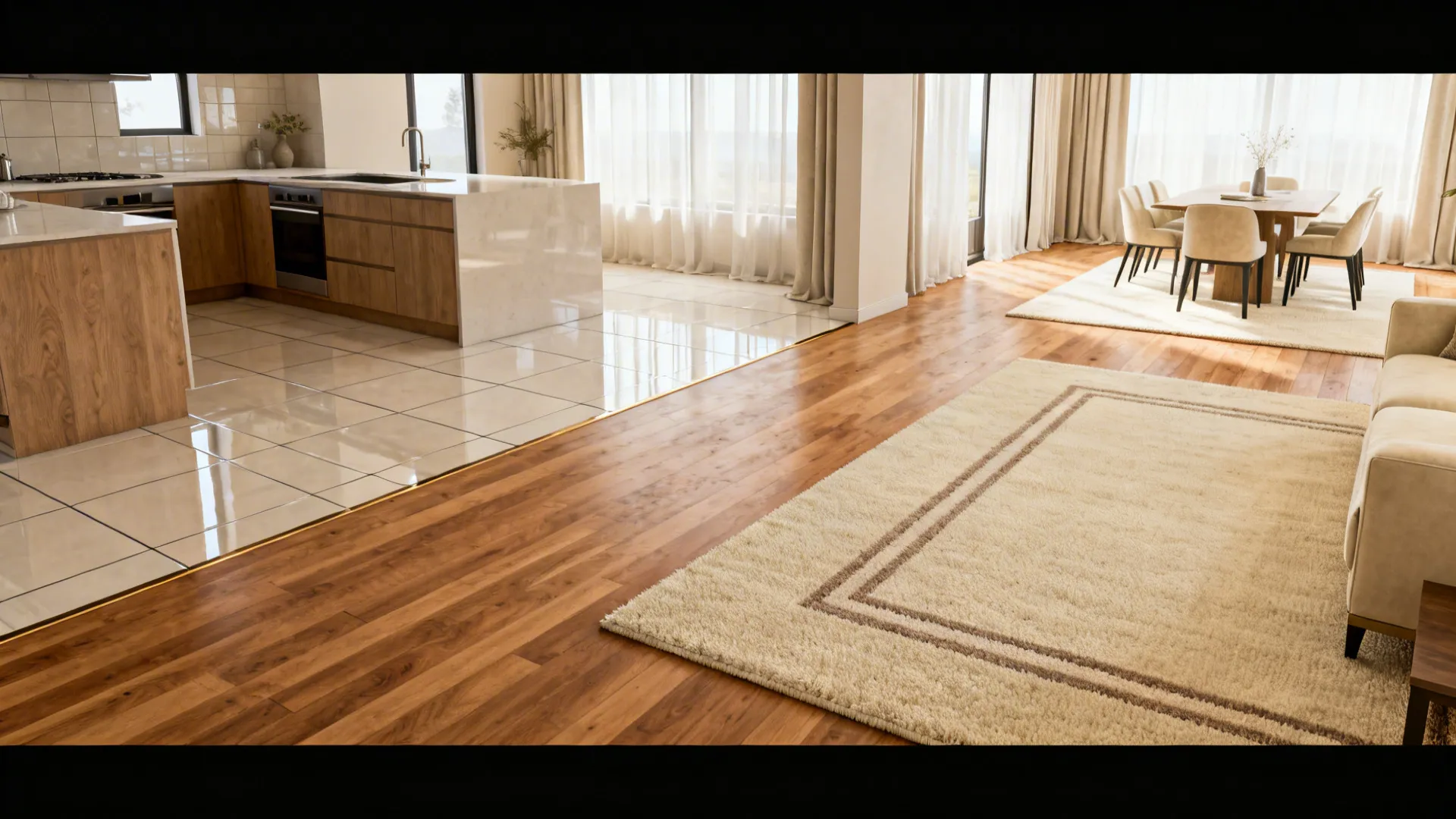 Flooring and rugs defining kitchen, dining, and lounge zones with flush transitions.