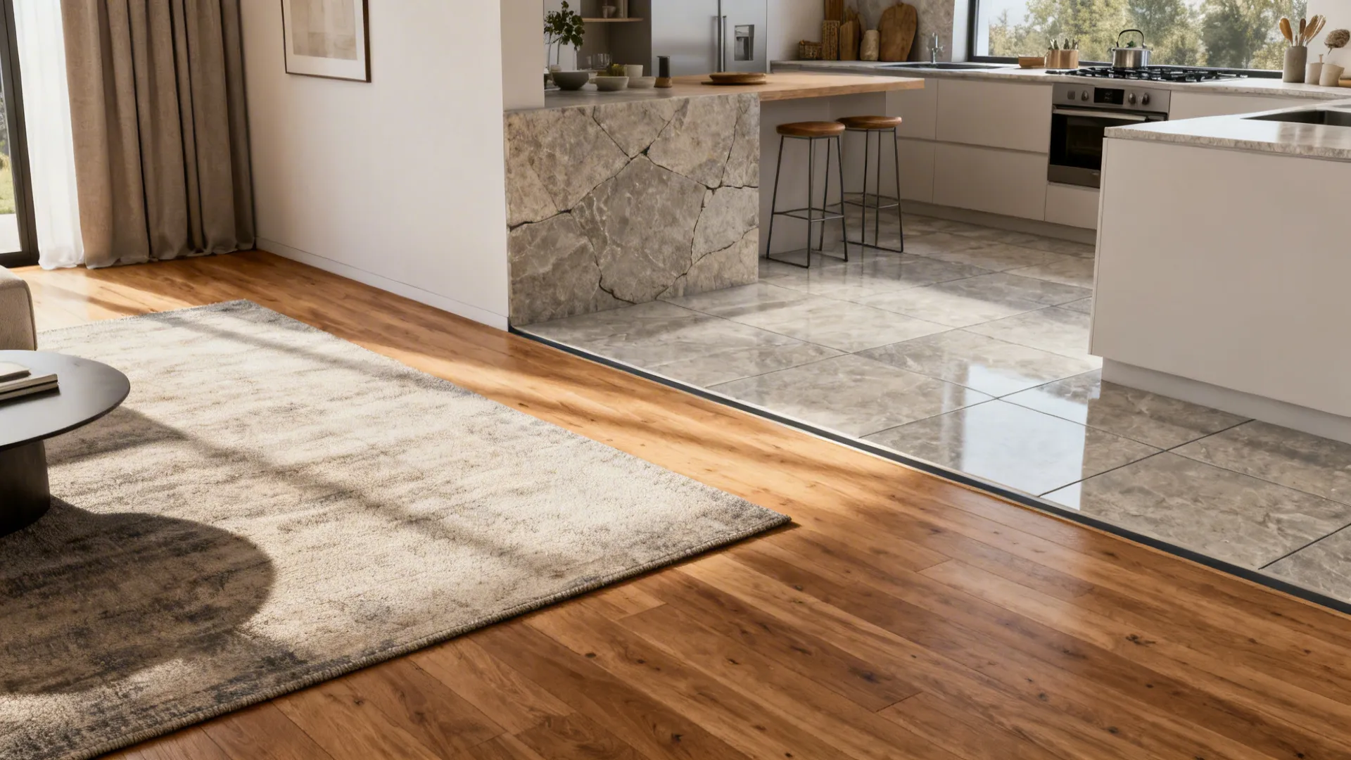 Flooring transition with oak planks in living area and stone-look tiles in kitchen, with area rug defining the lounge.