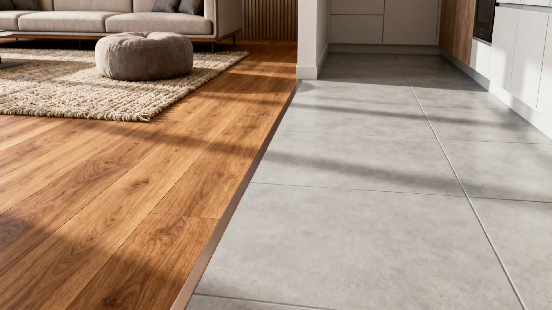 Living area with warm oak flooring, adjacent kitchen tiles and a textured rug anchoring seating.