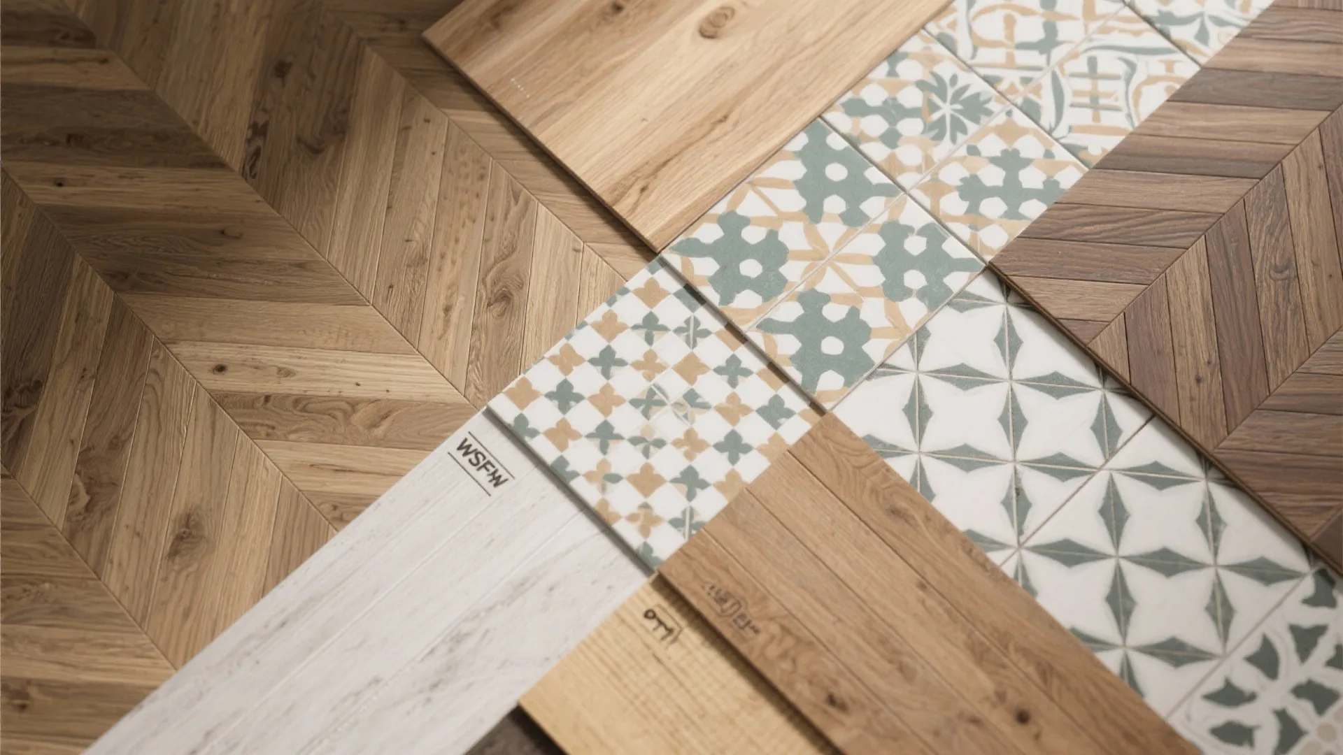 Selection of wood and tile flooring samples for home zoning