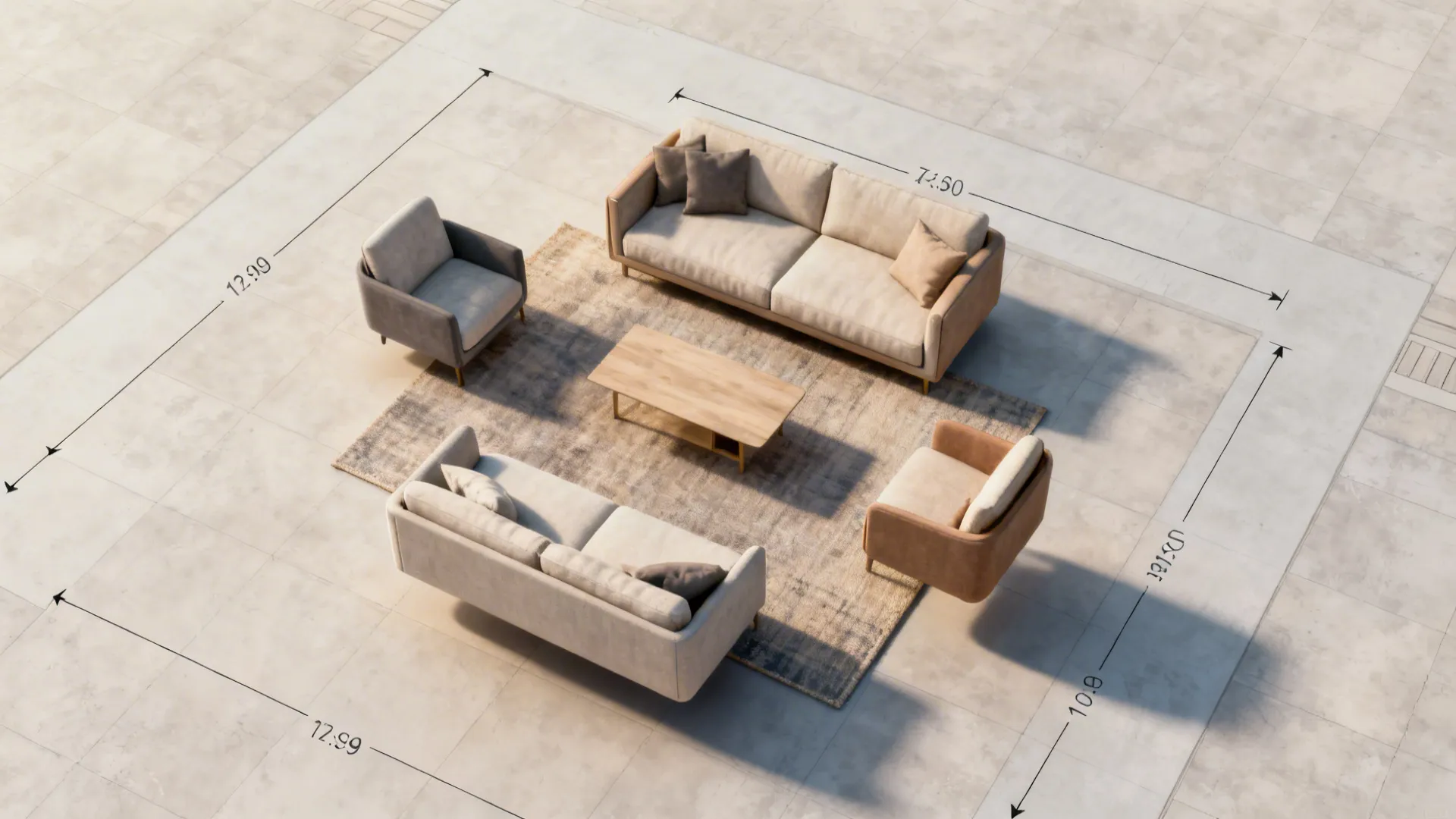 Top-down 3D floor plan showing scaled placement of a 7-piece living room set and clear walkways.
