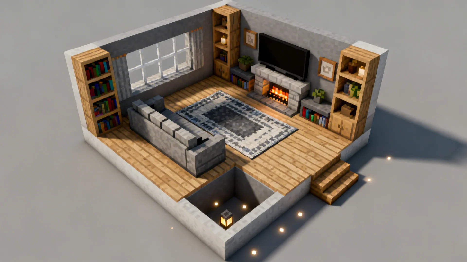 Isometric blocky living room interior design drawing with wooden floor sofa fireplace and tall bookshelves