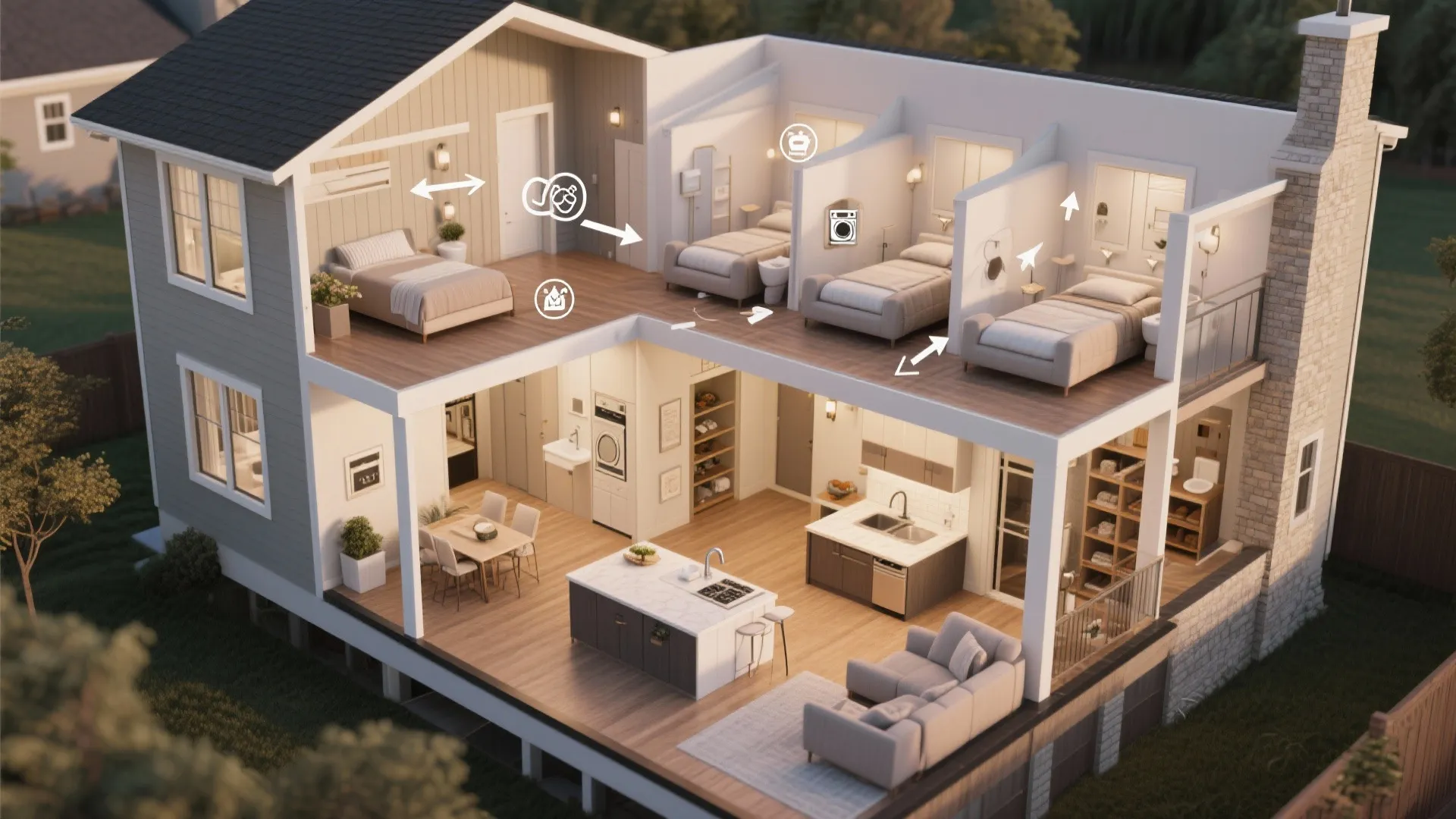 Top-down diagram of two-floor house plan showing room adjacencies and circulation recommendations.