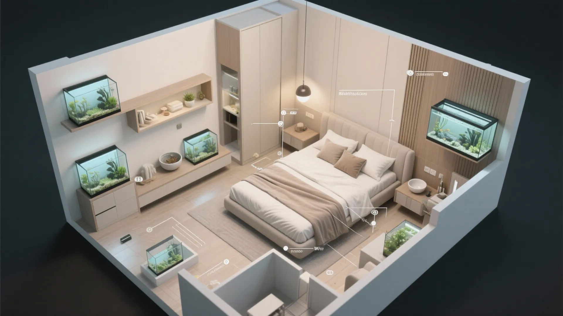 Top-down 3D floor plan showing aquarium placement options and sightlines in a bedroom.