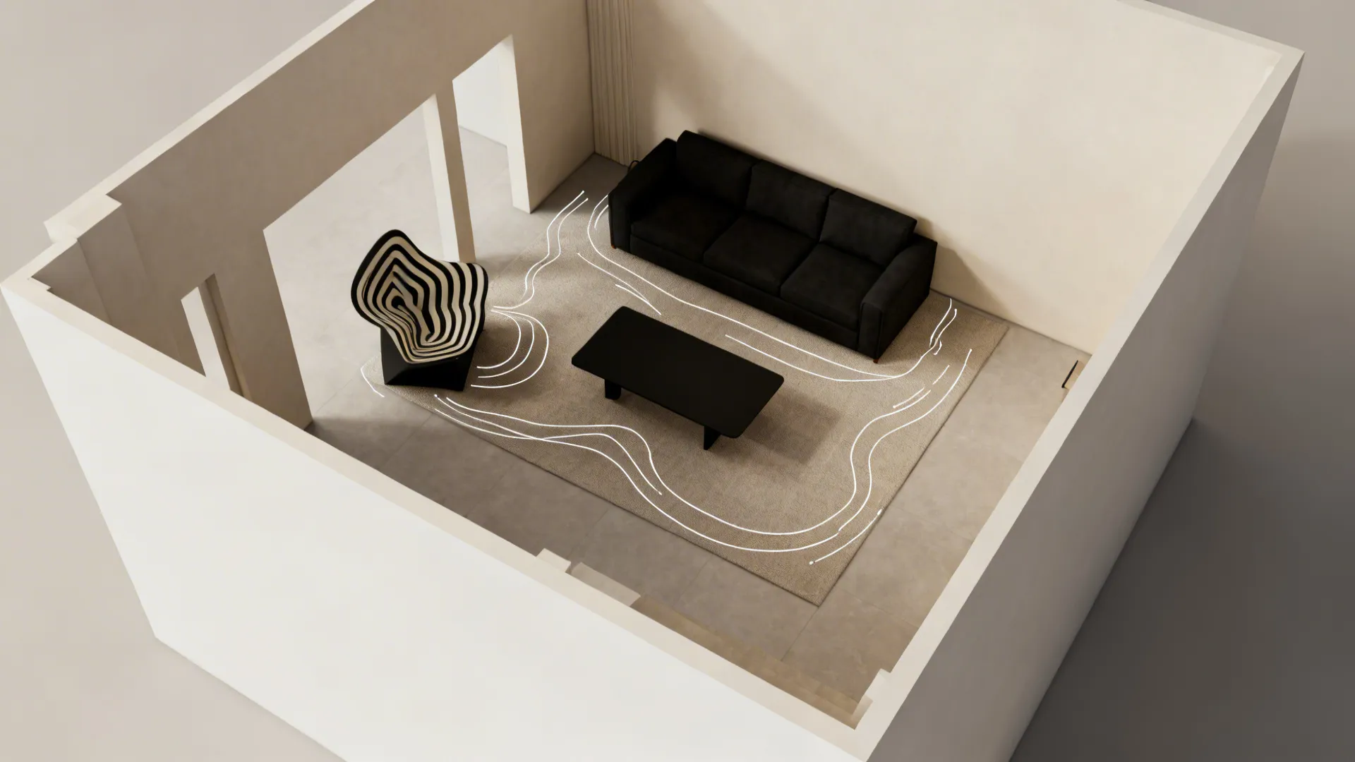 Top-down floor plan showing black furniture placement and room flow