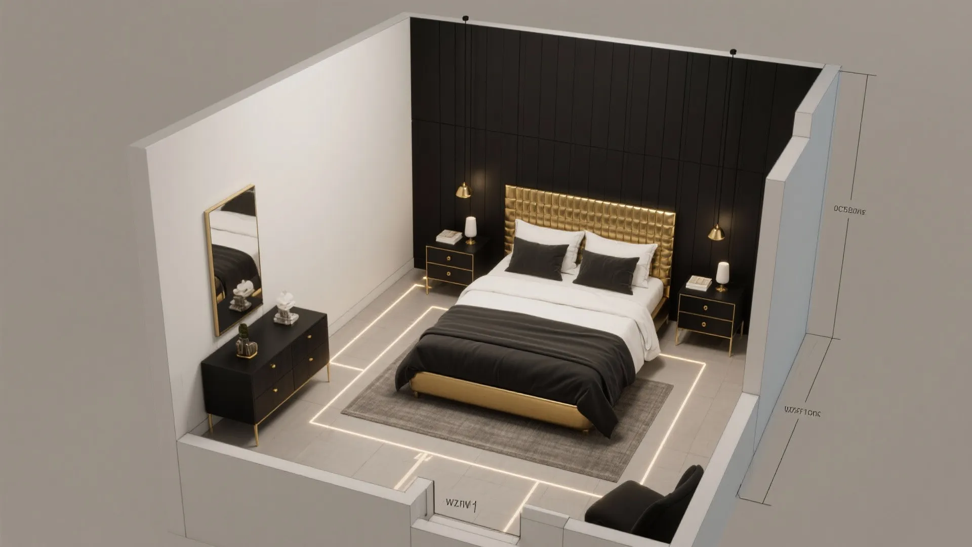 Top-down floor plan sketch of a small black-and-gold bedroom layout with clear circulation