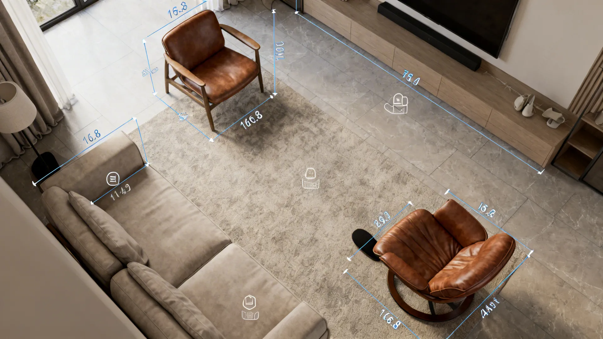 Top-down 3D floor plan showing chair placements, seat heights, and clearance measurements in a small living room