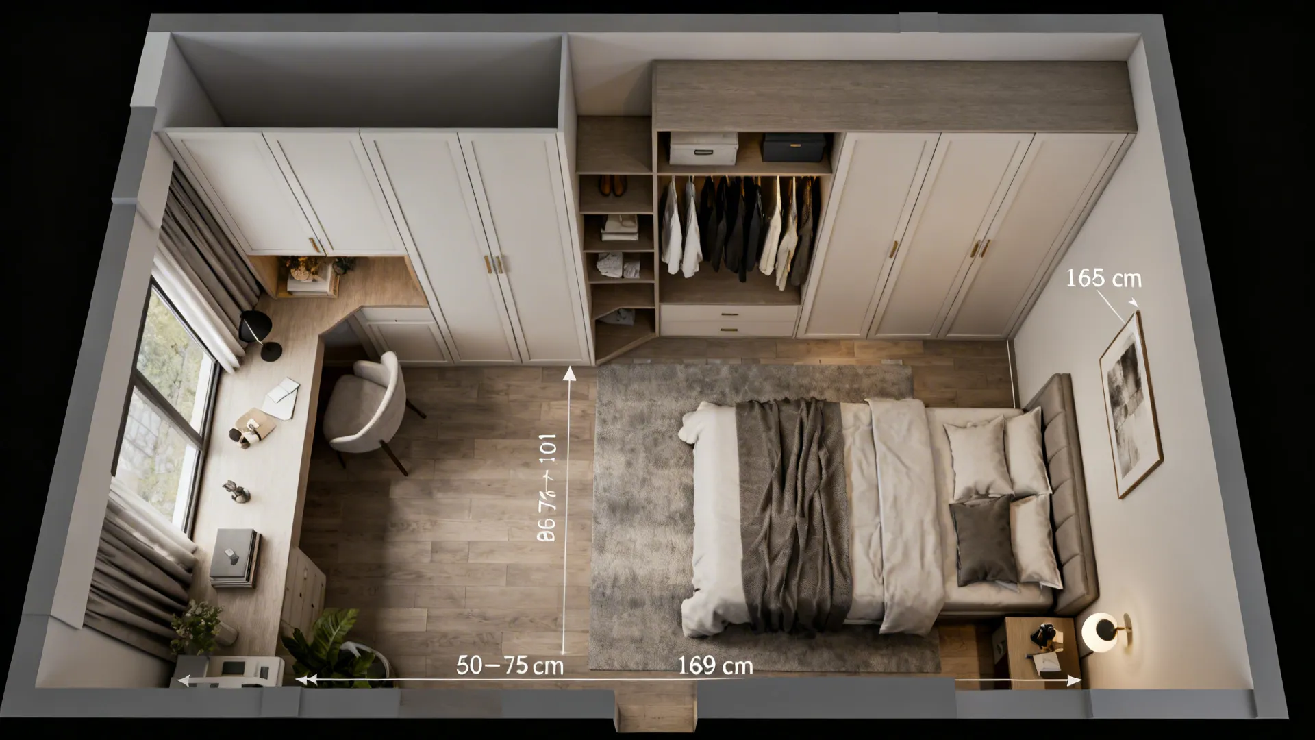Top-down 3D floor plan showing wardrobe placement and required 60–75 cm circulation path