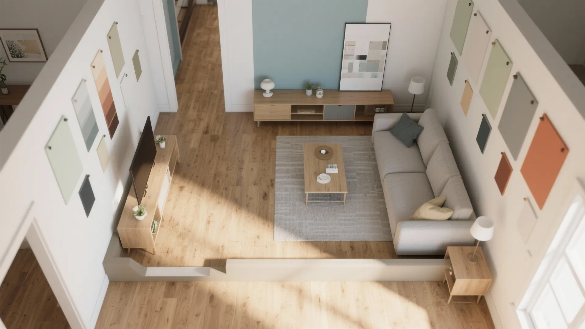 Top-down living room mockup with oak floor and pinned color swatches for wall testing
