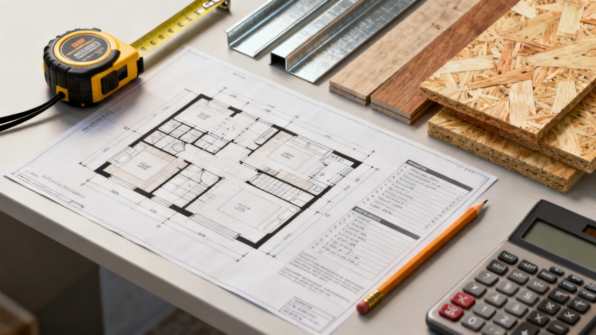 Top-down view of a desk with floor plans, material lists, and samples ready for contractors.