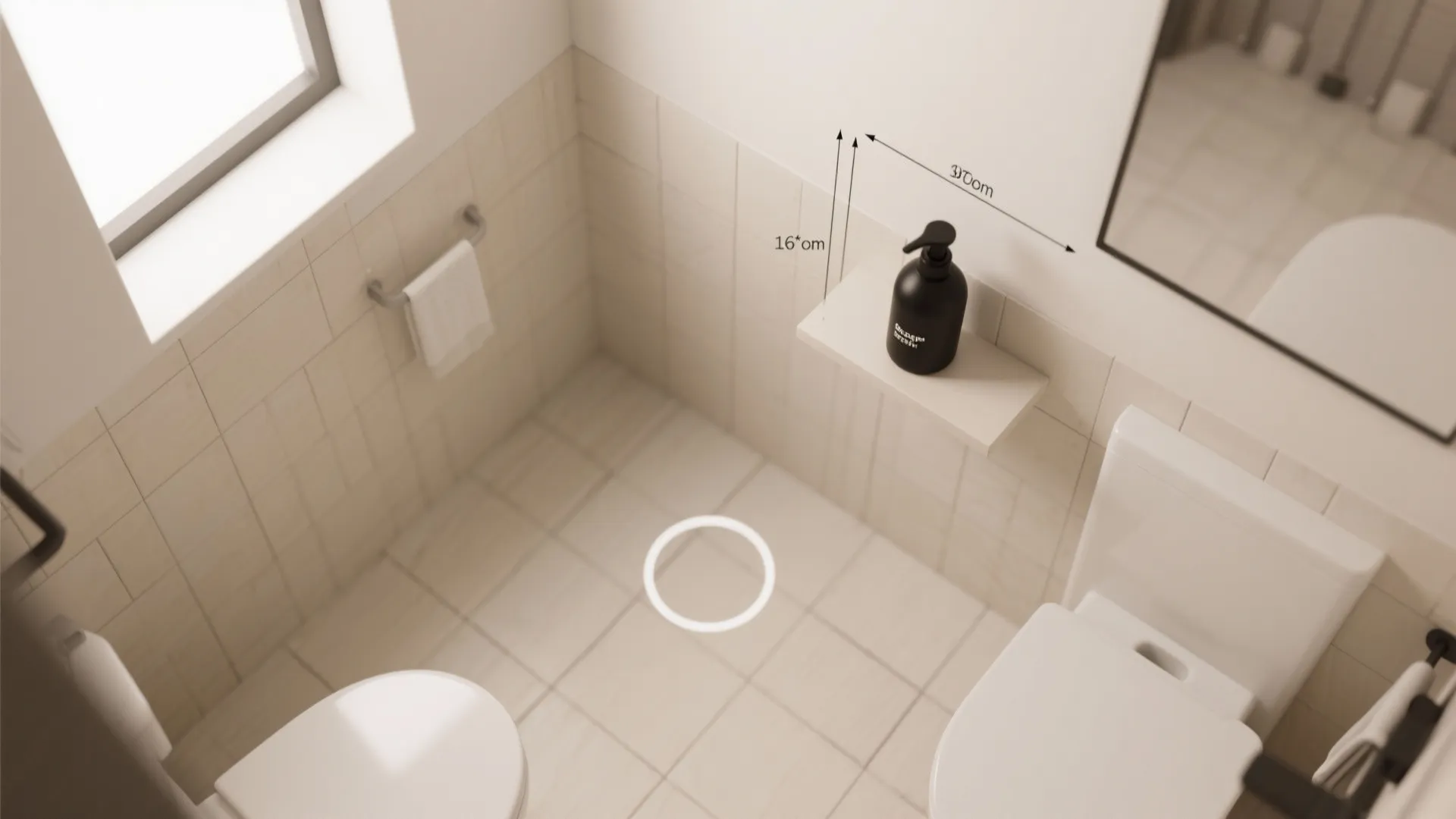 Top-down mock-up of a small bathroom showing recommended placement for a black soap dispenser
