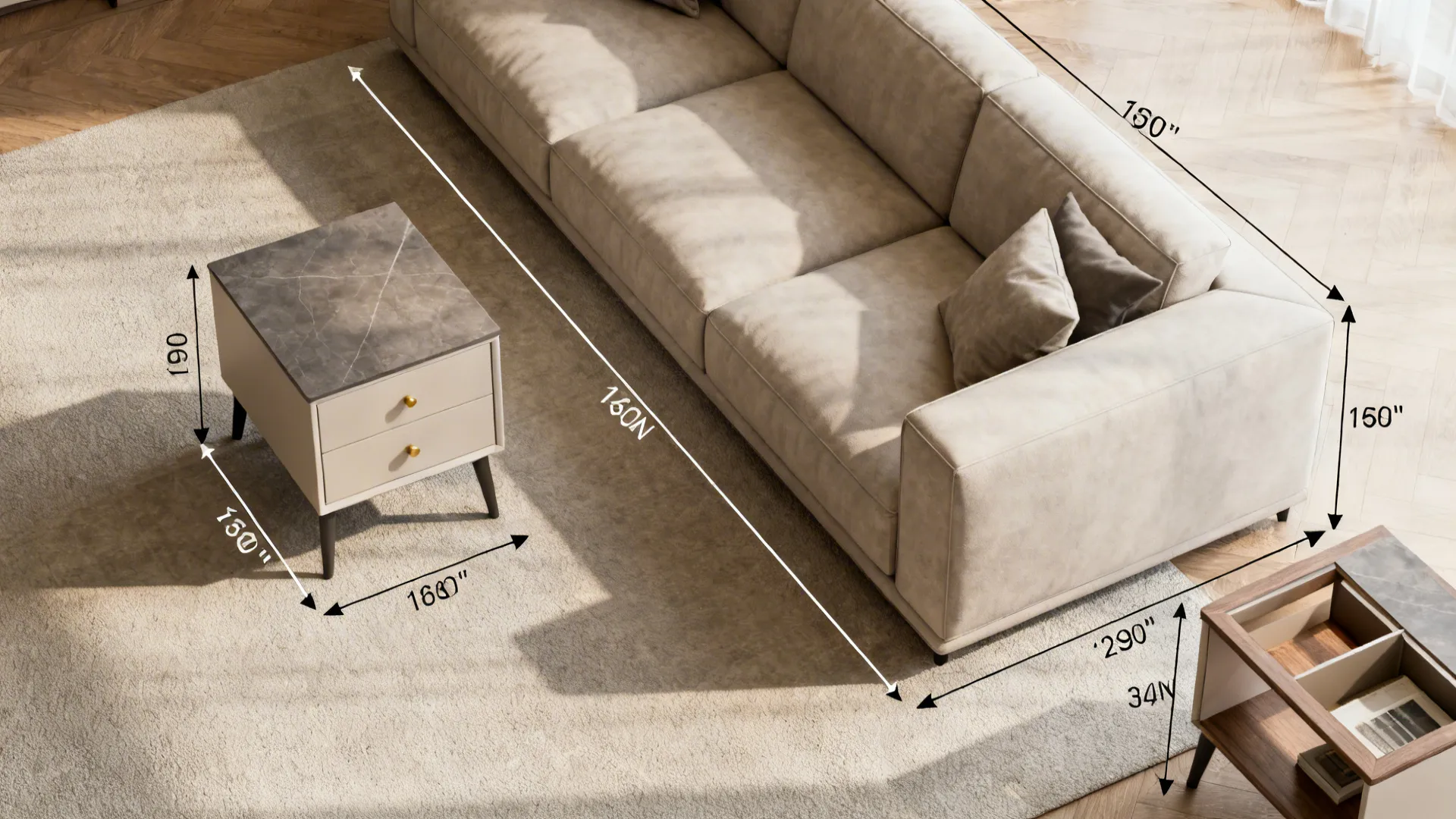 Living room layout showing a beige sofa on a rug with cabinets and clear dimension markings
