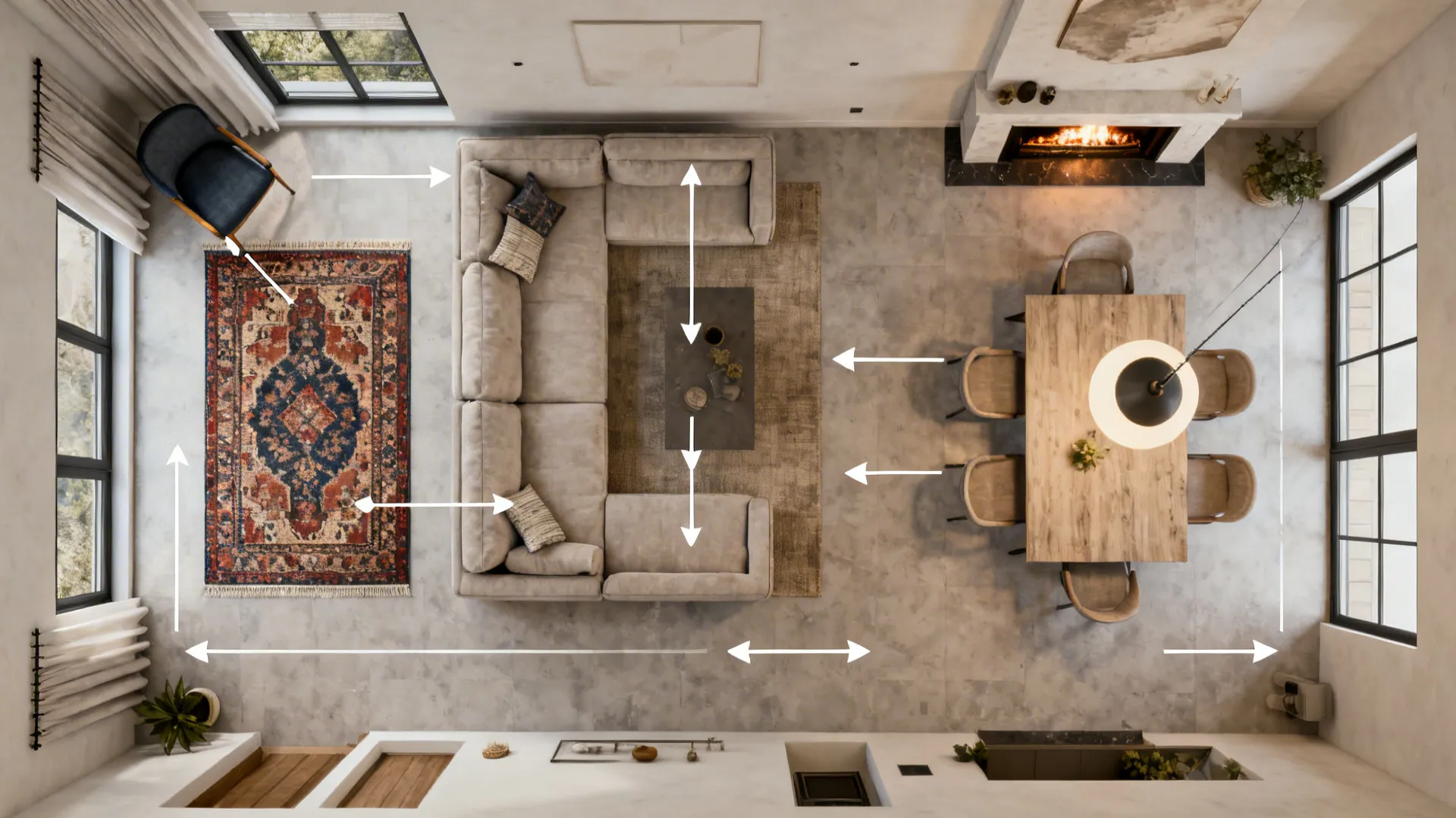 Top-down floorplan showing zones, circulation paths and rug overhang guidance in an open-plan room